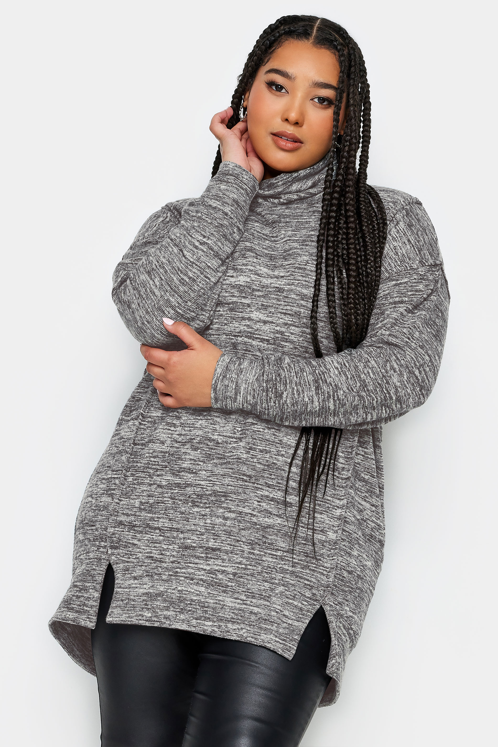 YOURS Plus Size Grey Marl Soft Touch Turtleneck Sweatshirt | Yours Clothing 1