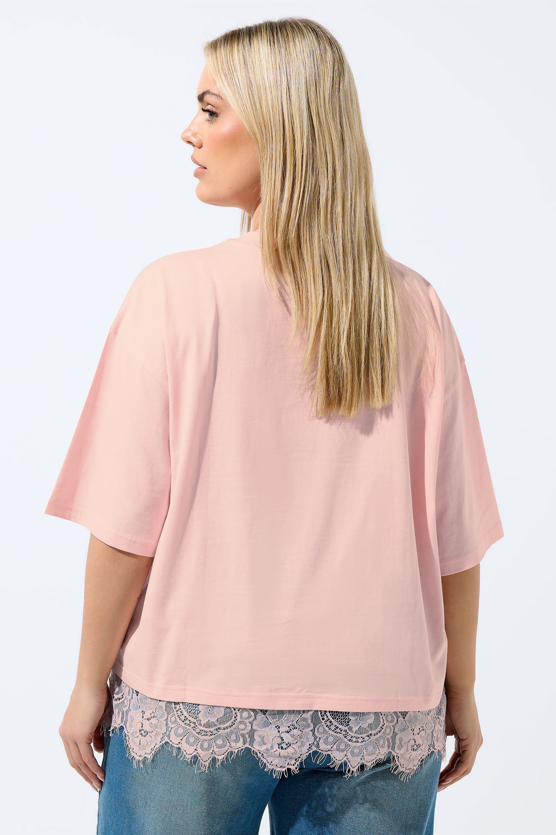 LIMITED COLLECTION Plus Size Pastel Pink Lace Trim T-Shirt | Yours Clothing 2