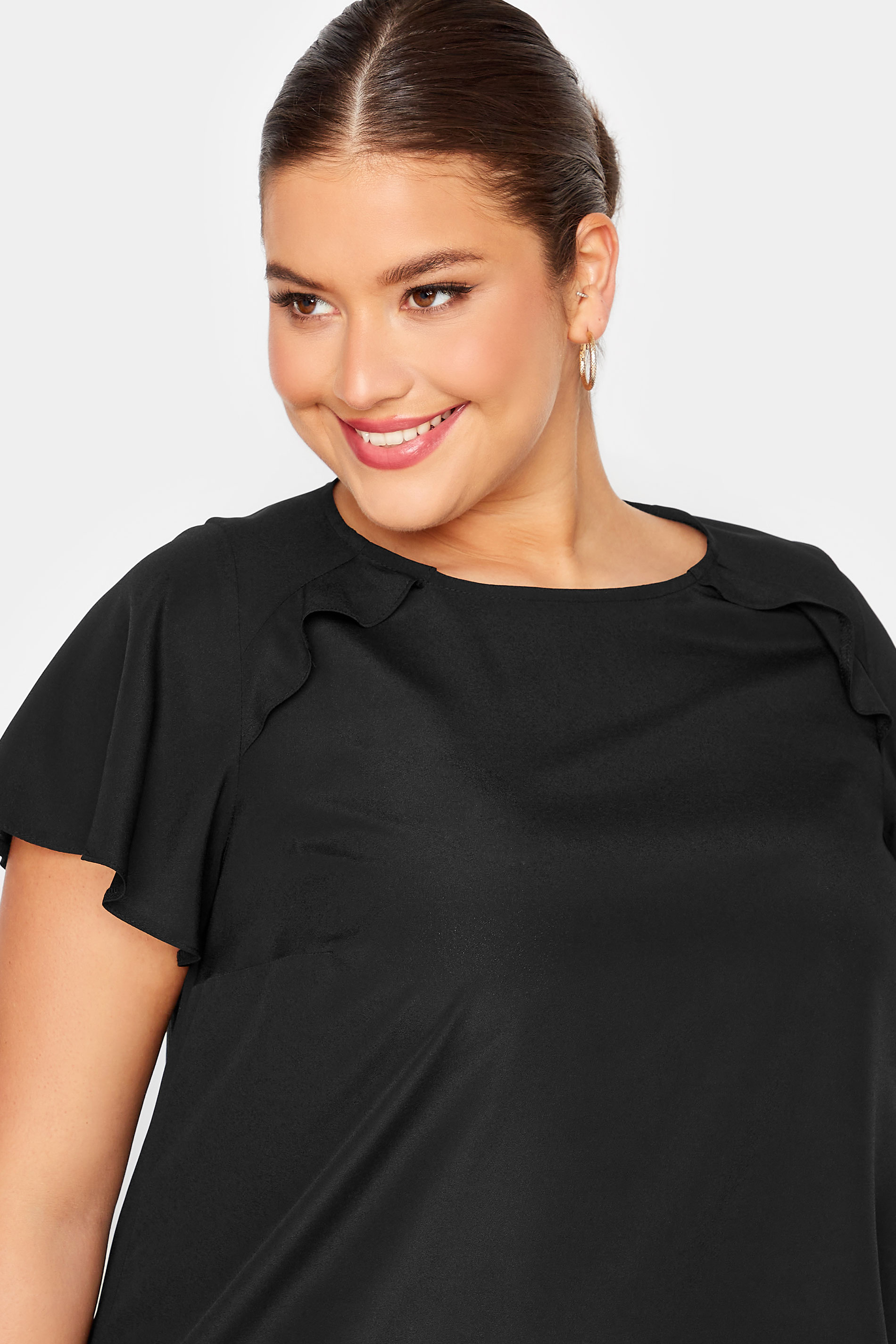 YOURS Plus Size Black Frill Short Sleeve Blouse | Yours Clothing
