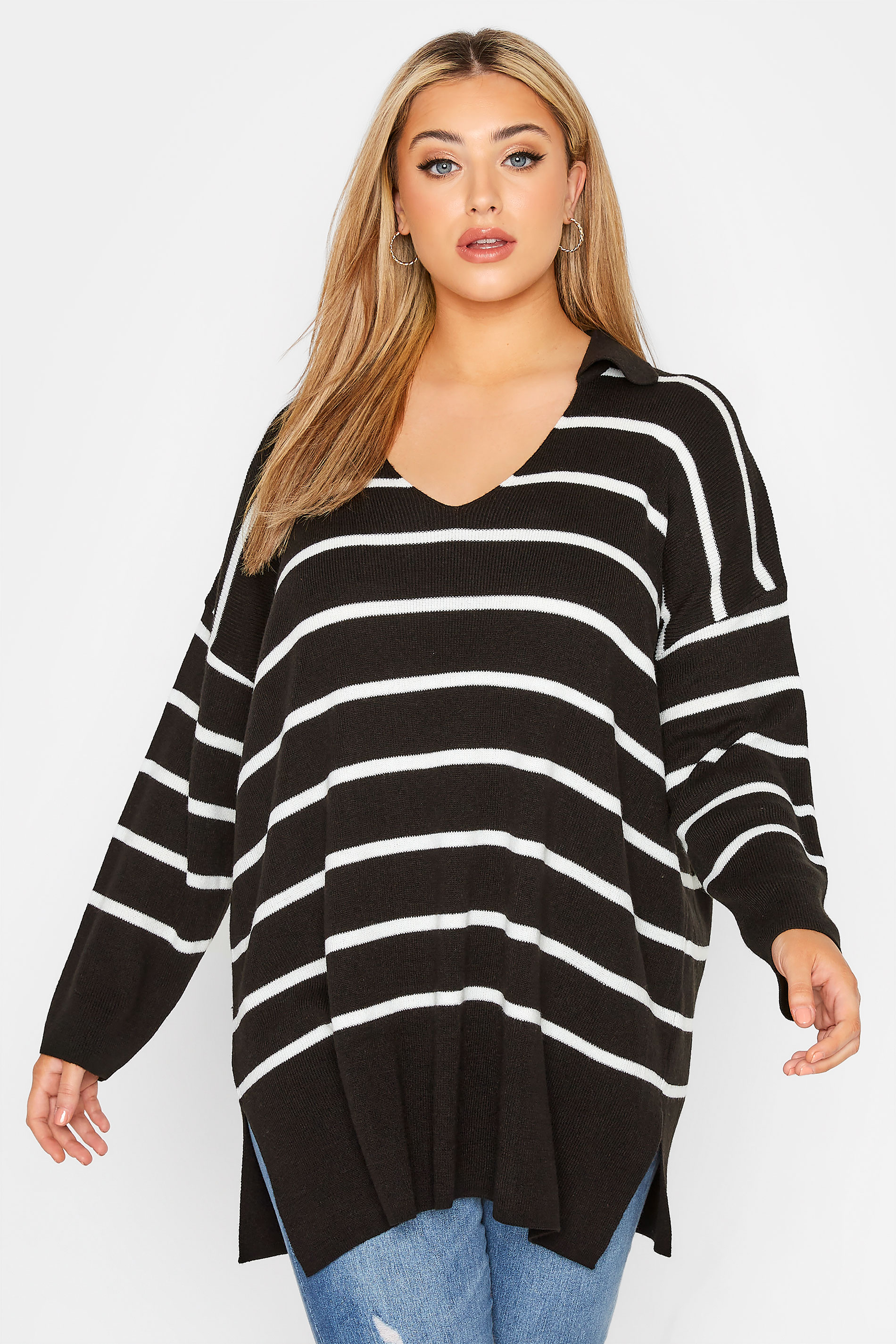 Plus Size Curve Black Stripe Collared Jumper | Yours Clothing 1
