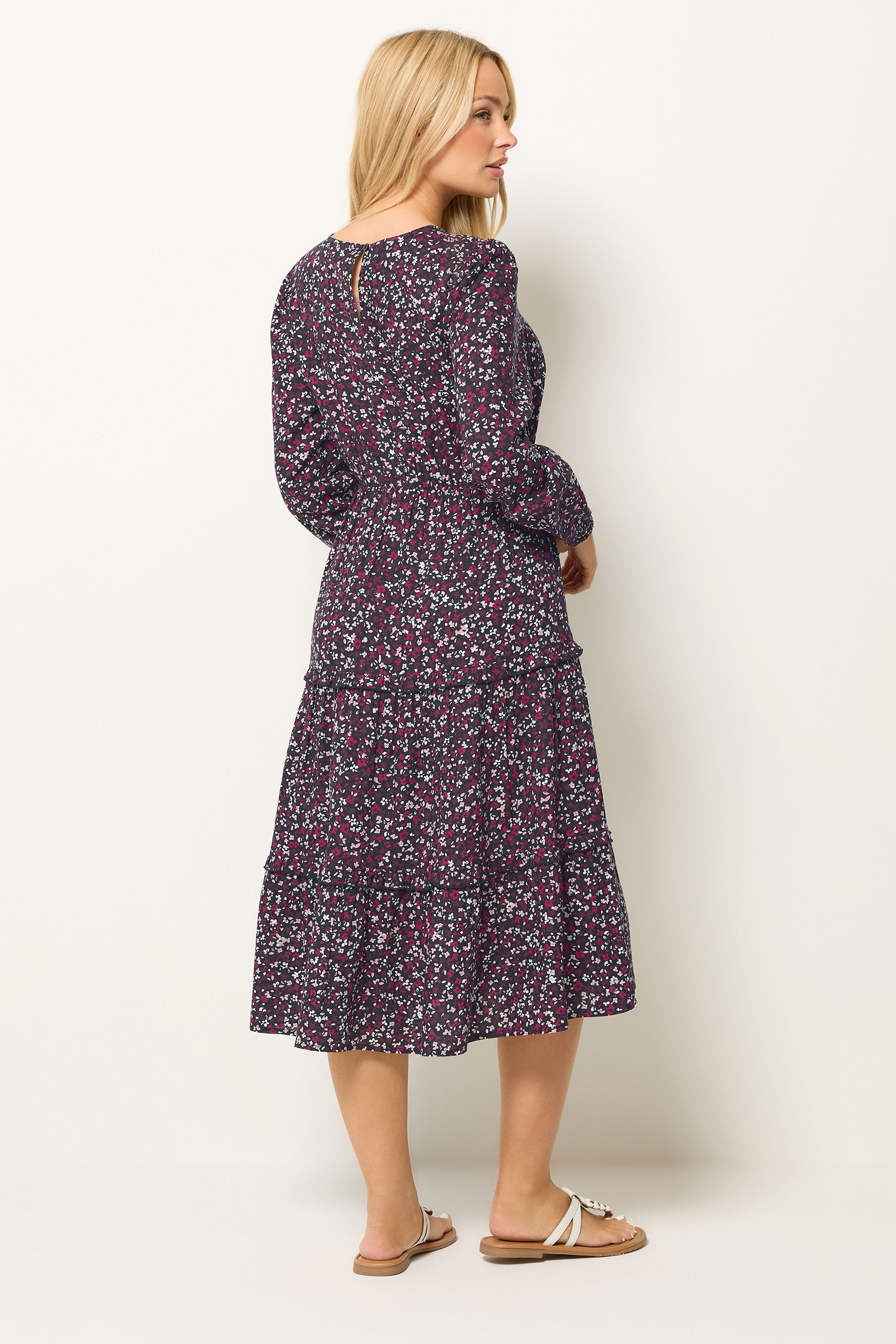 M&Co Berry Purple Ditsy Floral Print Ruffle Midi Dress | M&Co 2
