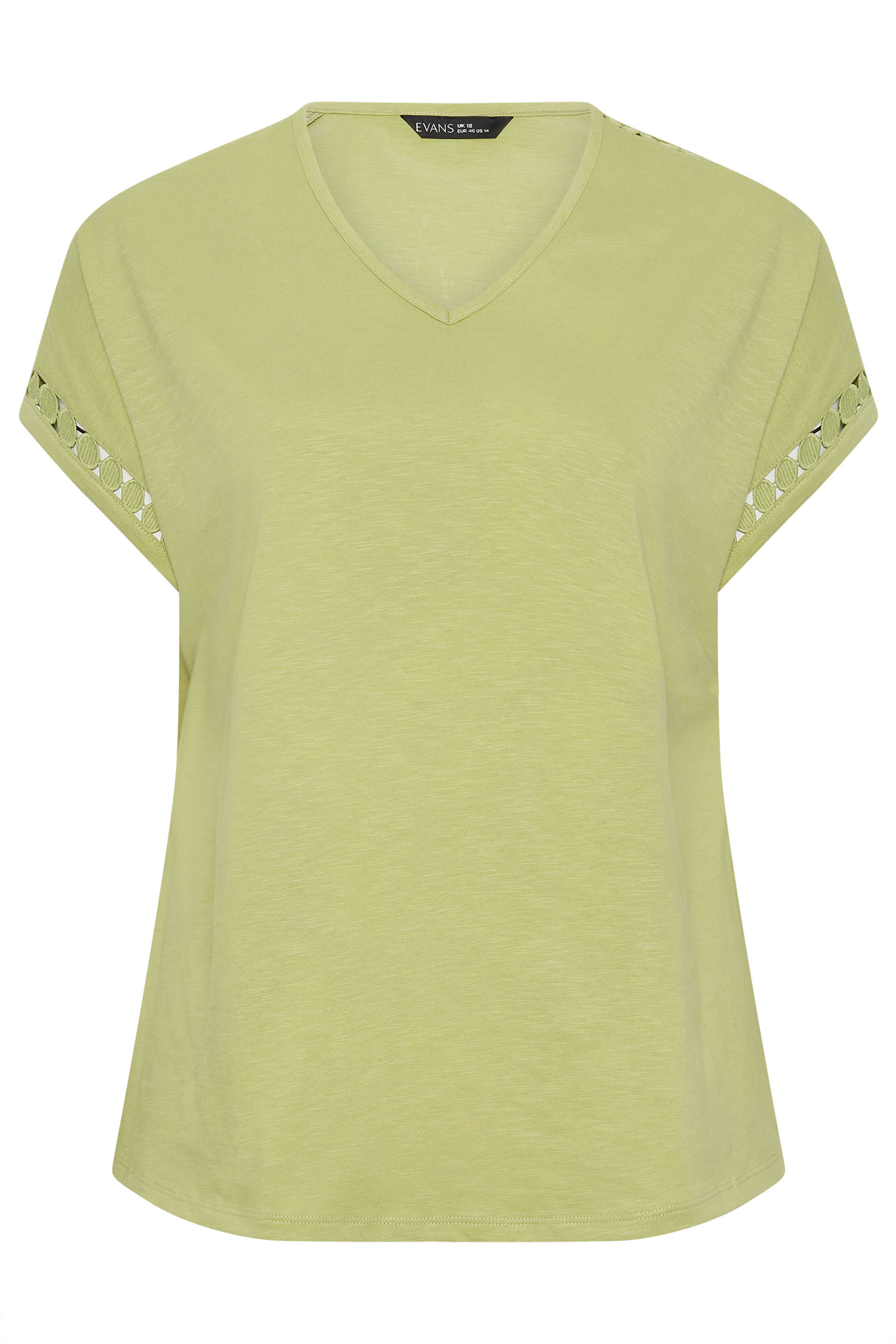 EVANS Plus Size Chartreuse Crochet Trim Cotton V Neck T-Shirt | Evans 5