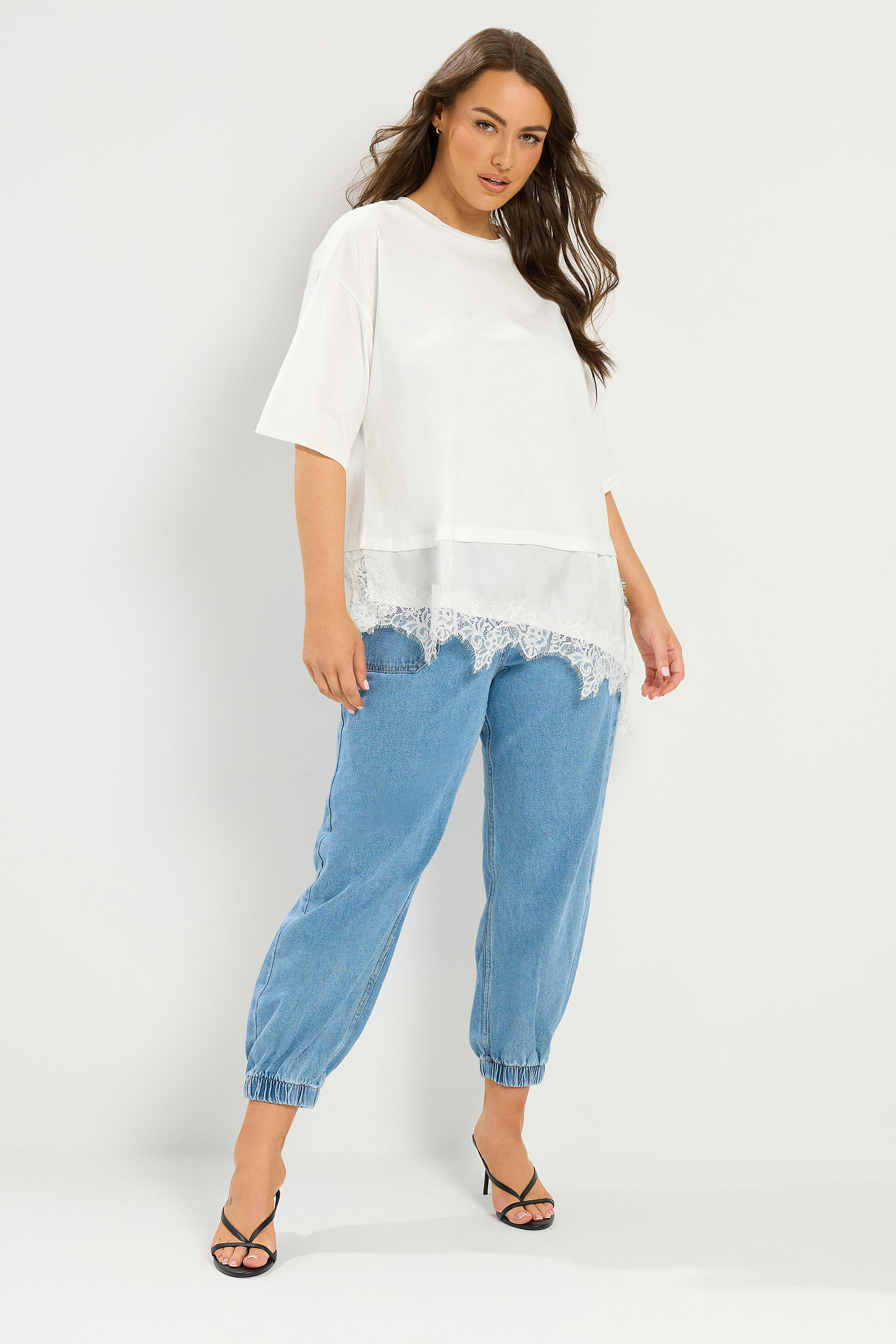YOURS Plus Size White Satin Lace Trim T-Shirt | Yours Clothing 1
