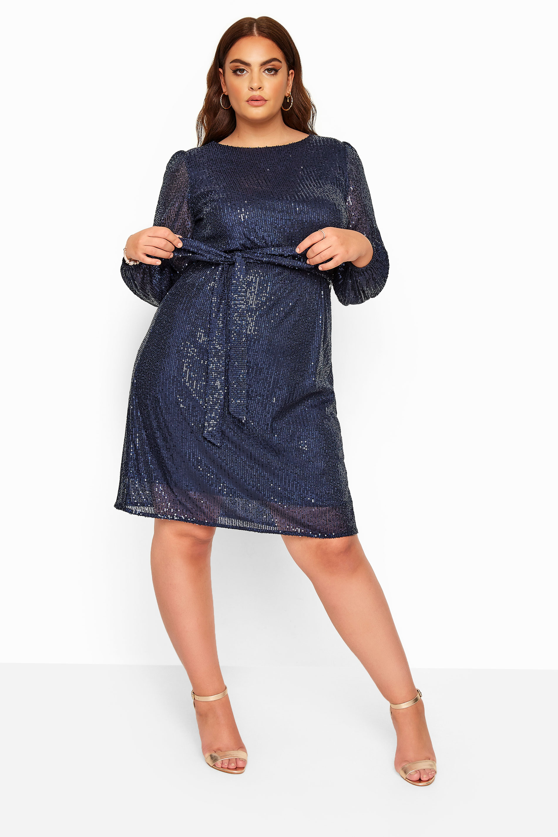 YOURS LONDON Navy Sequin Balloon Sleeve Dress | Yours Clothing