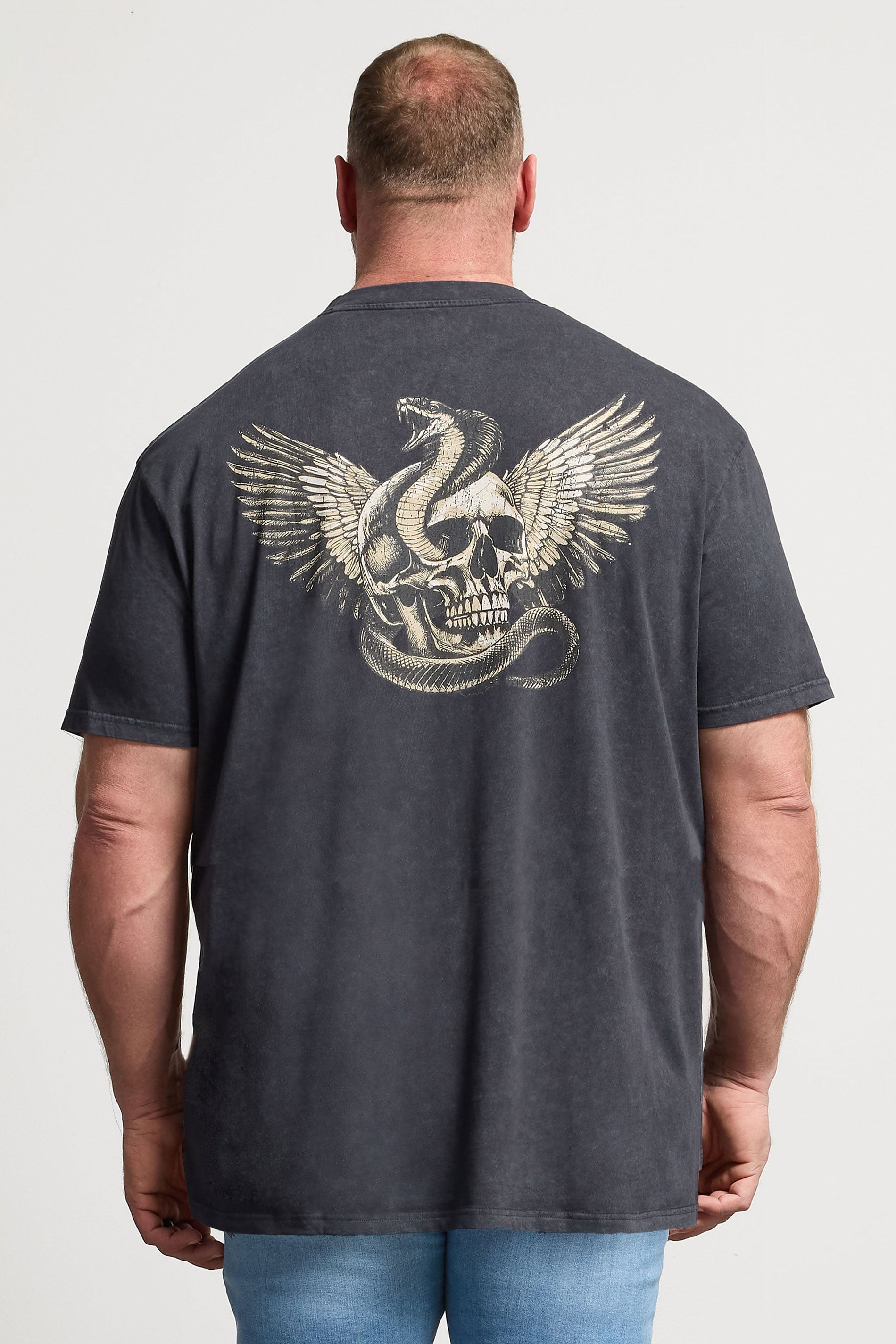 BadRhino Big & Tall Grey Extra Long Snake & Skull Graphic Acid Wash T-Shirt | BadRhino 2
