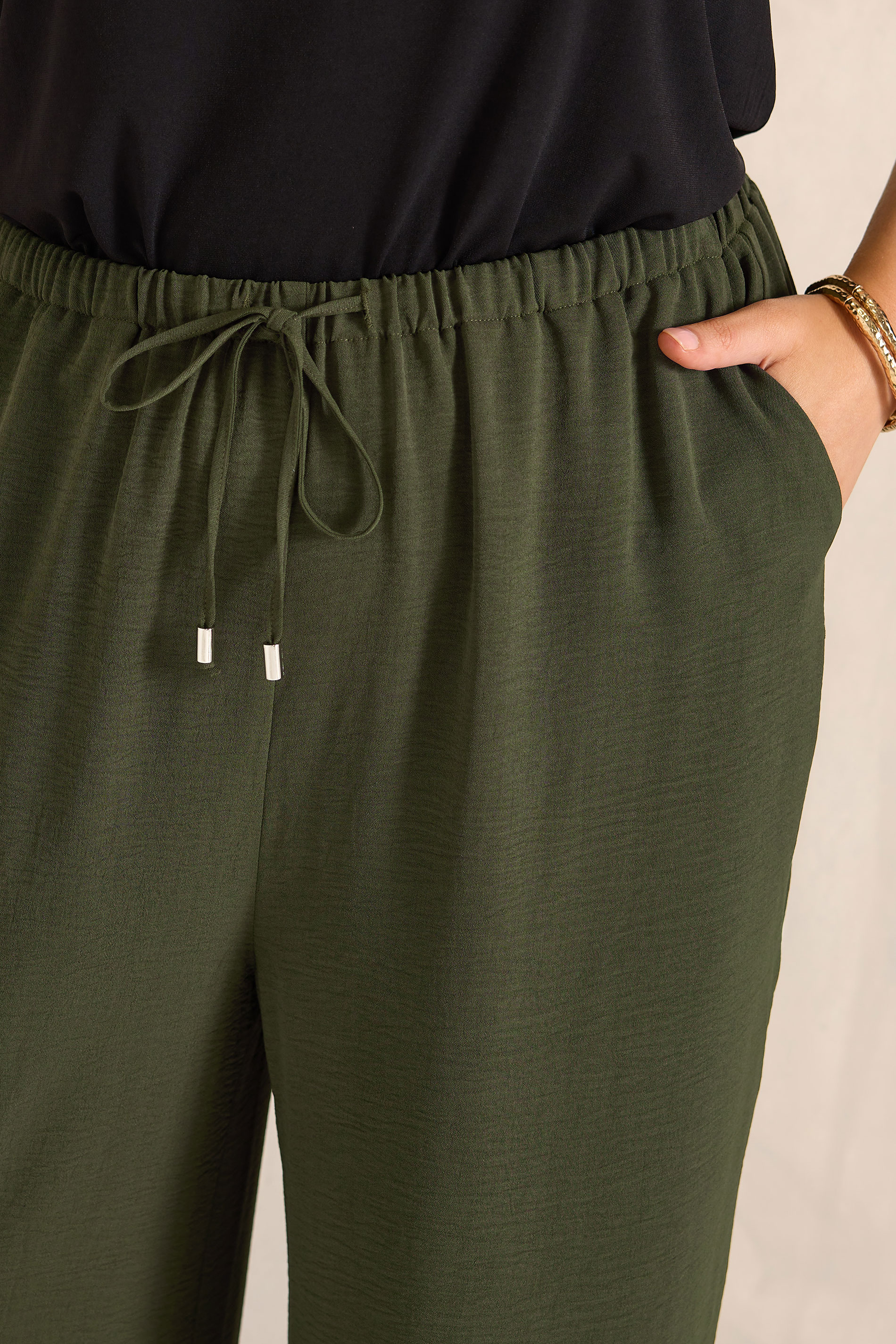 EVANS Plus Size Khaki Green Tie Waist Wide Leg Trousers | Evans  4