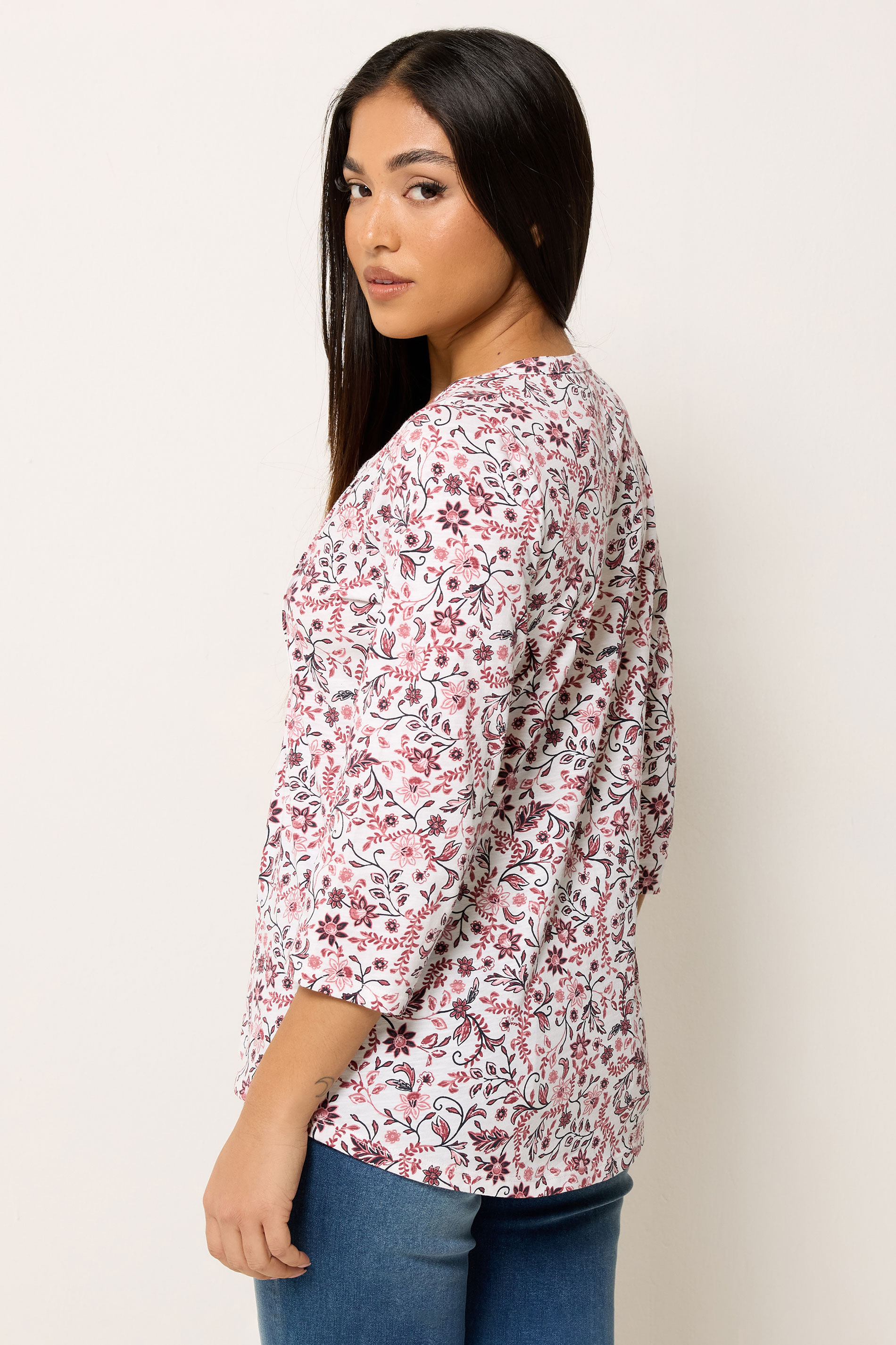 M&Co Petite Pink & White Floral Cotton Henley Top | M&Co 2