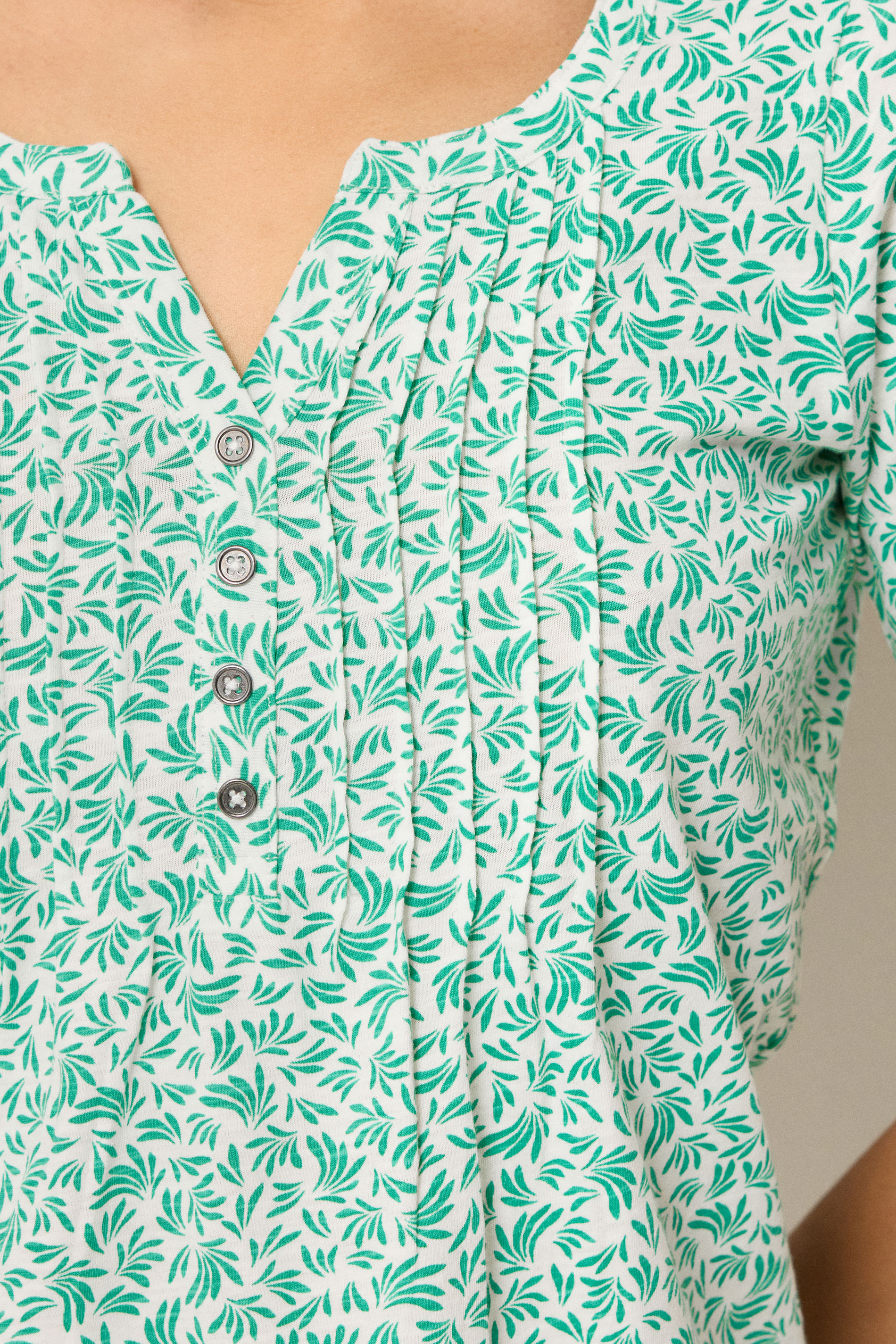 M&Co Petite White & Green Leaf Print Cotton Henley Top | M&Co 4