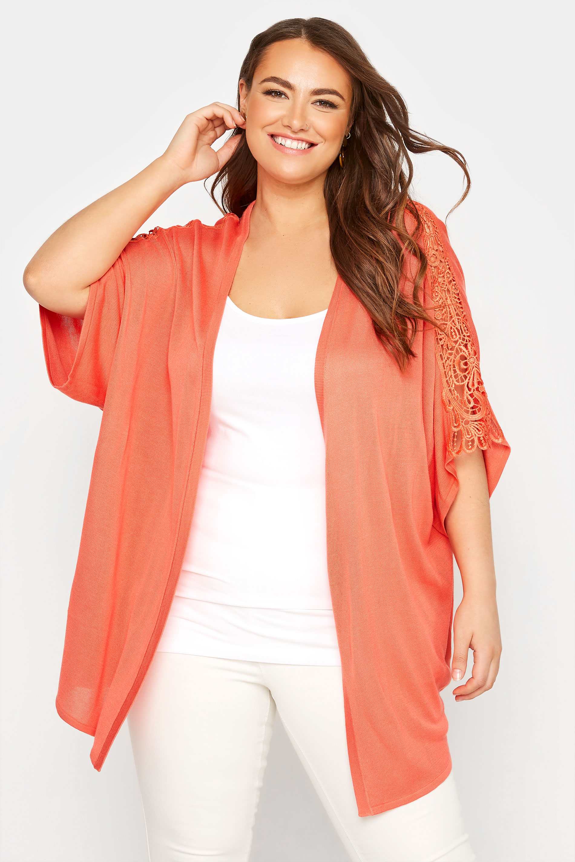 Plus Size Coral Orange Lace Sleeve Kimono Cardigan | Yours Clothing  1