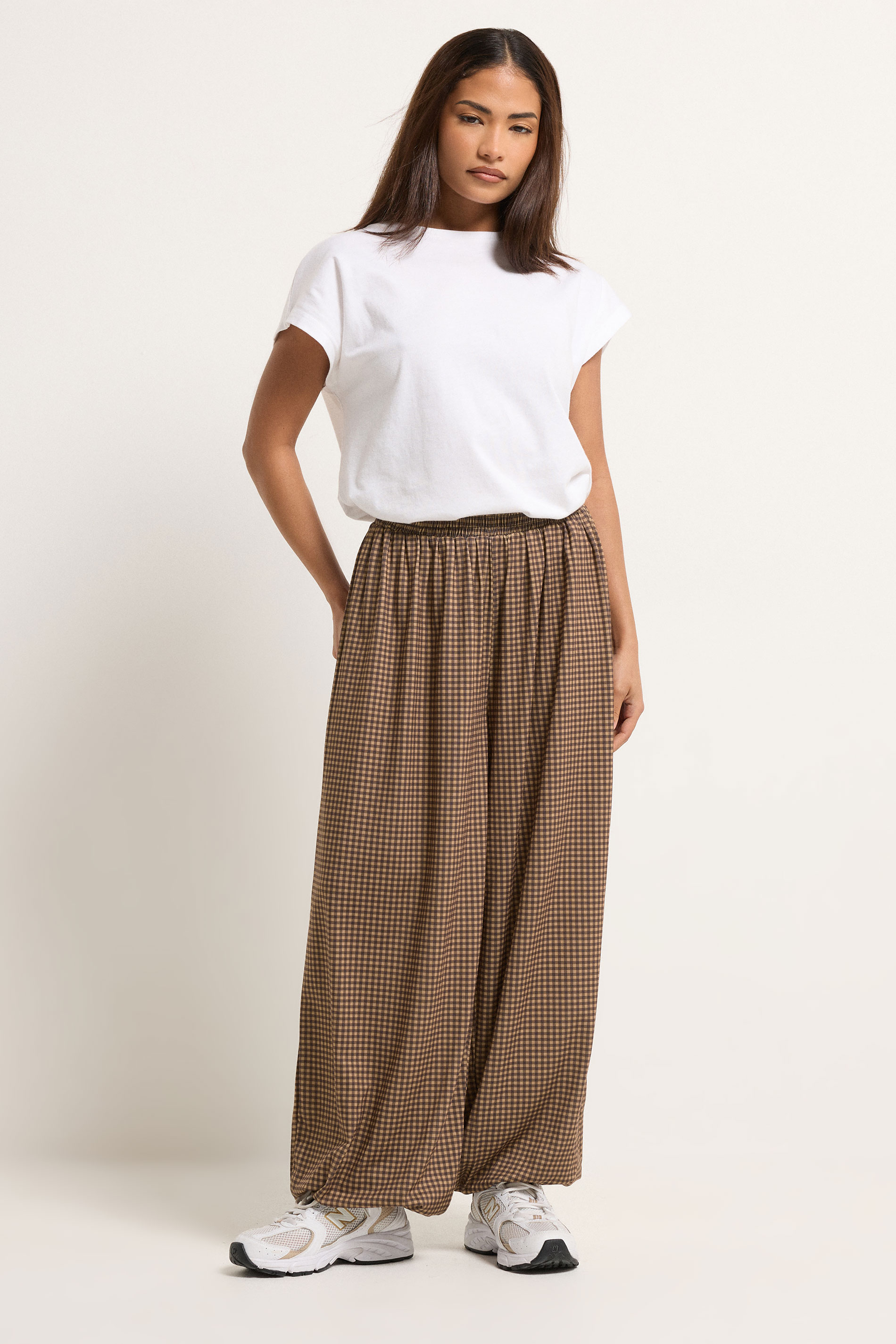 PixieGirl Petite Women's Brown Gingham Balloon Trousers | PixieGirl 3
