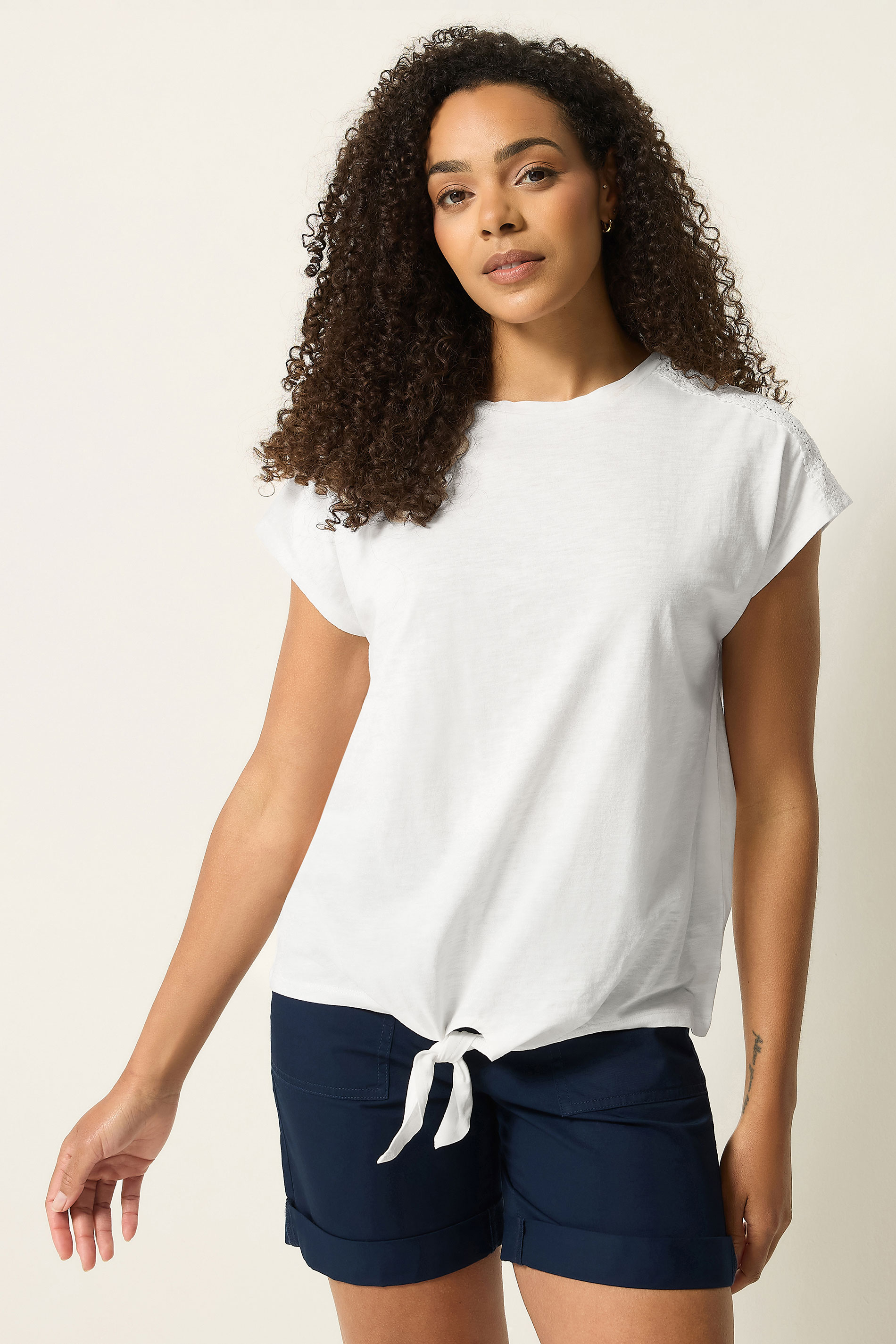 M&Co Ivory White Cotton Embroidered Tie Front T-Shirt | M&Co 3