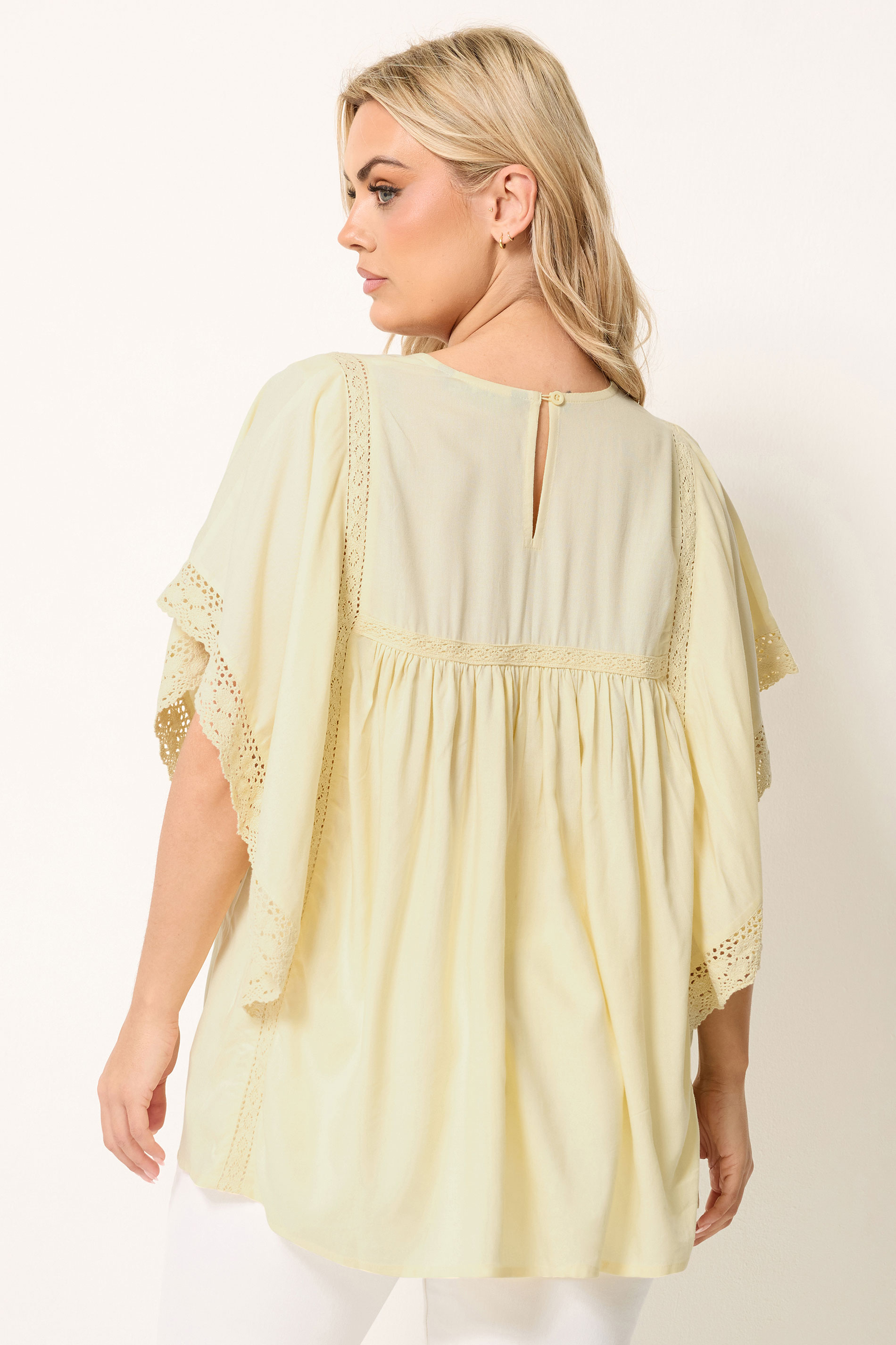 YOURS Plus Size Yellow Crochet Drape Sleeve Blouse | Yours Clothing 2