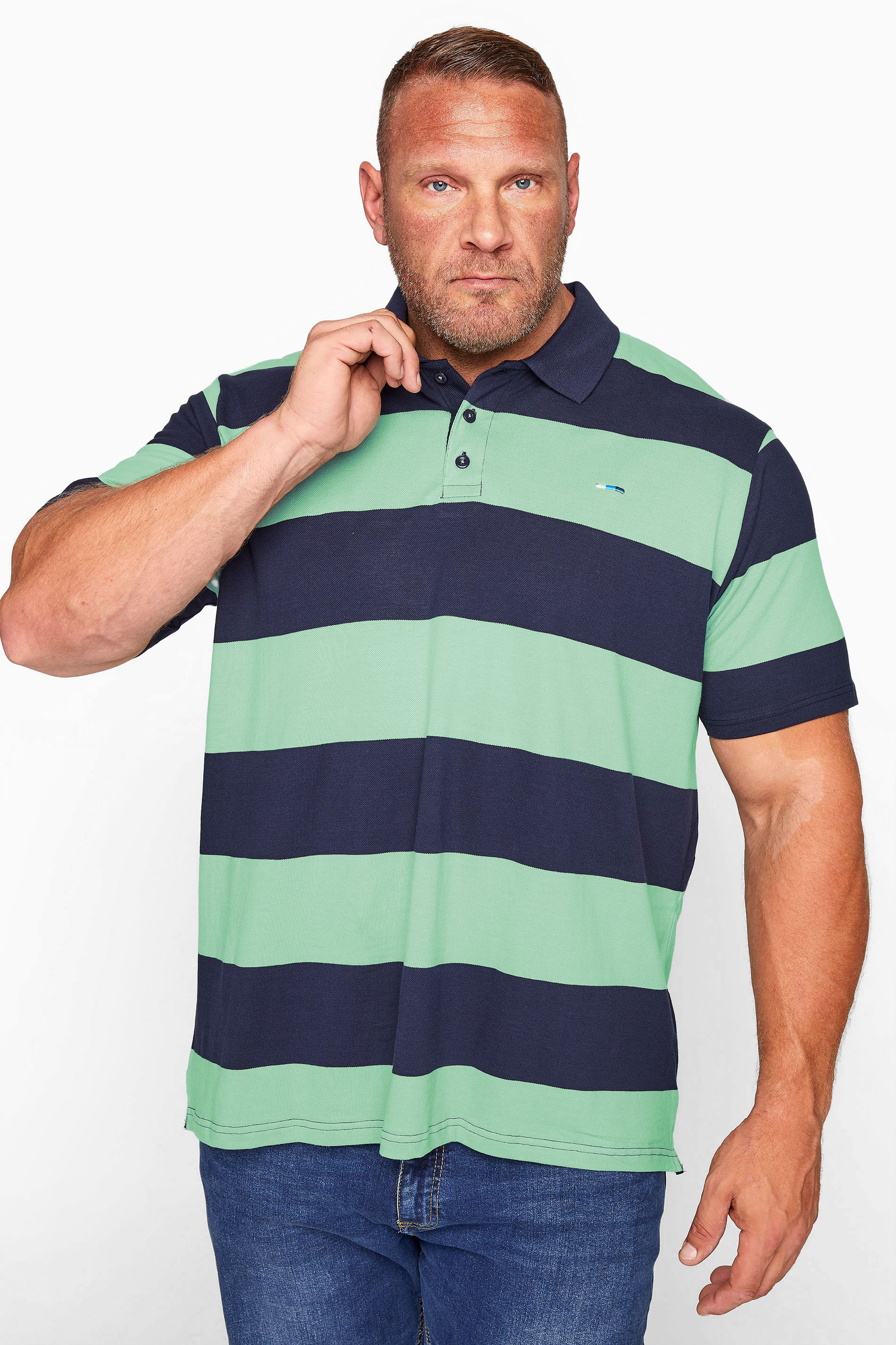BadRhino Big & Tall Navy Blue & Mint Green Block Striped Polo Shirt 1