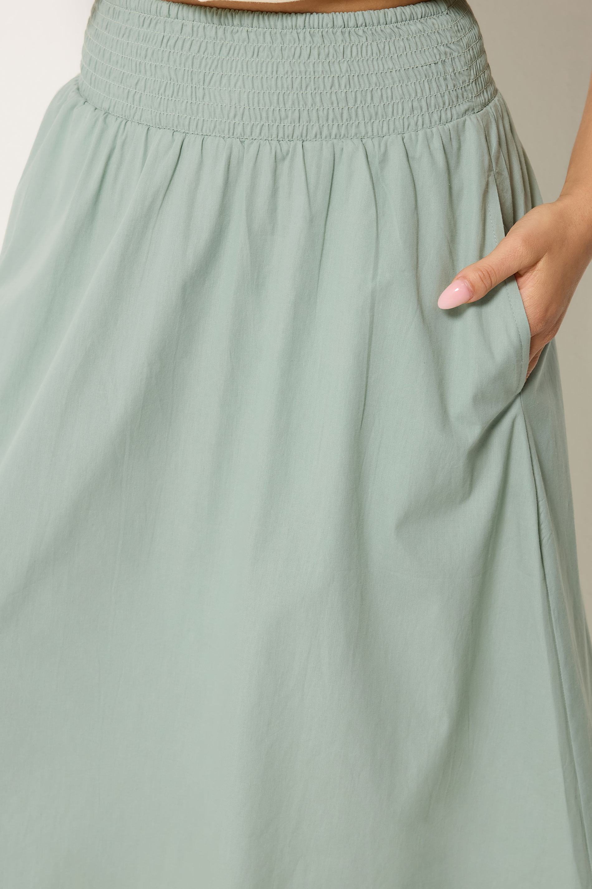PixieGirl Petite Women's Sage Green Poplin Shirred Cotton Maxi Skirt | PixieGirl 4