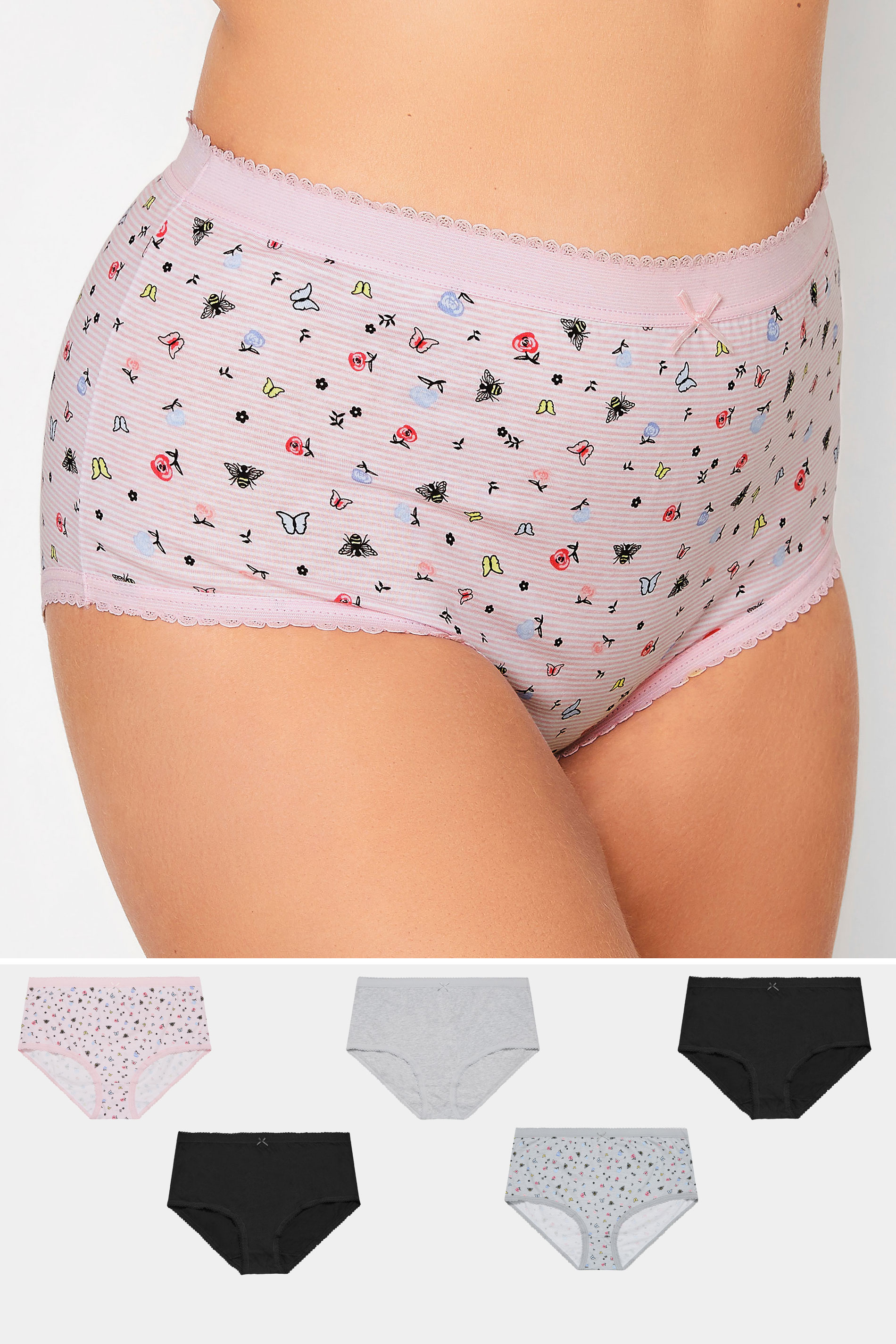 YOURS 5 PACK Light Pink Butterfly Print Full Briefs | Yours Clothing  1