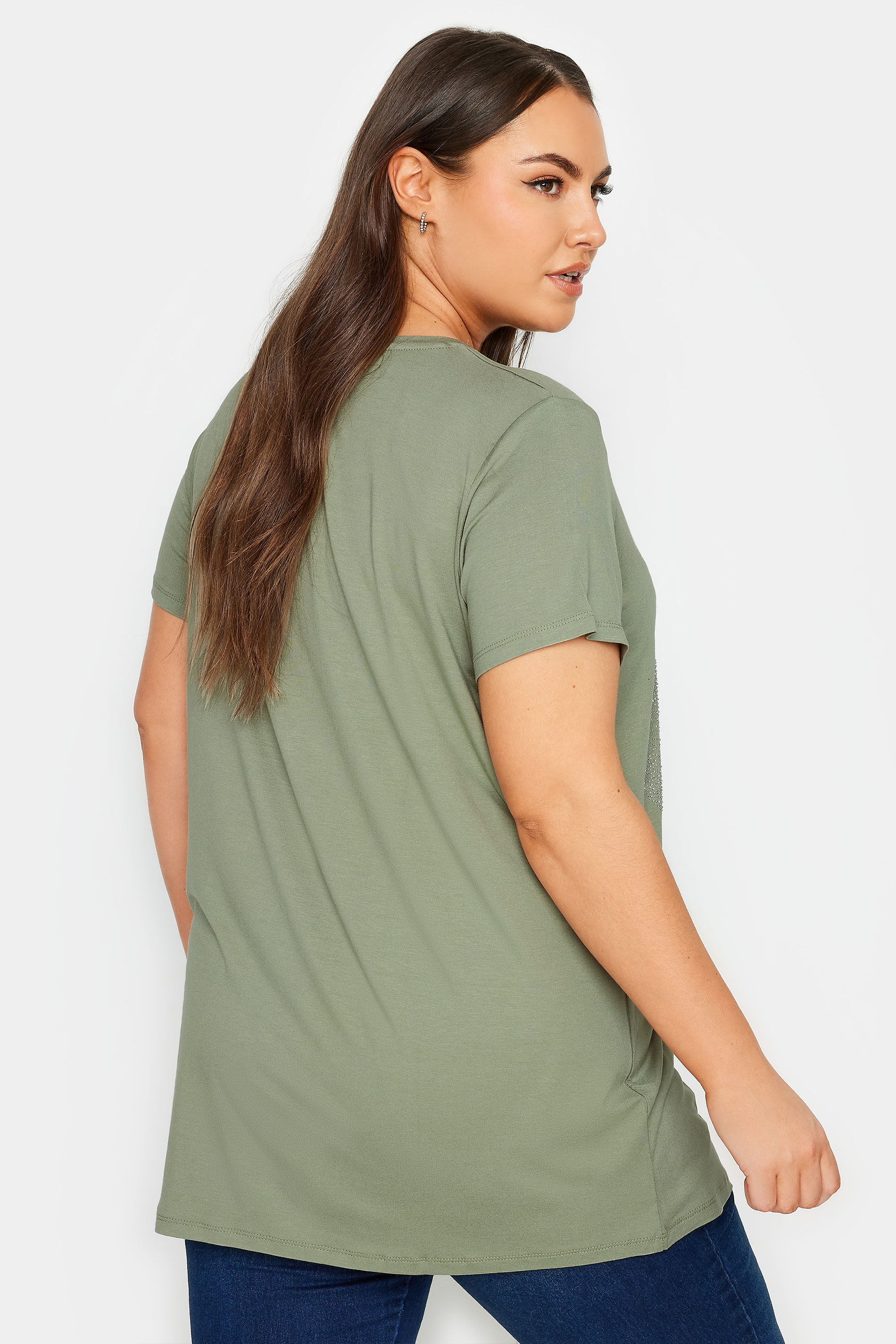 YOURS Plus Size Sage Green Glitter Heart Print T-Shirt | Yours Clothing  3