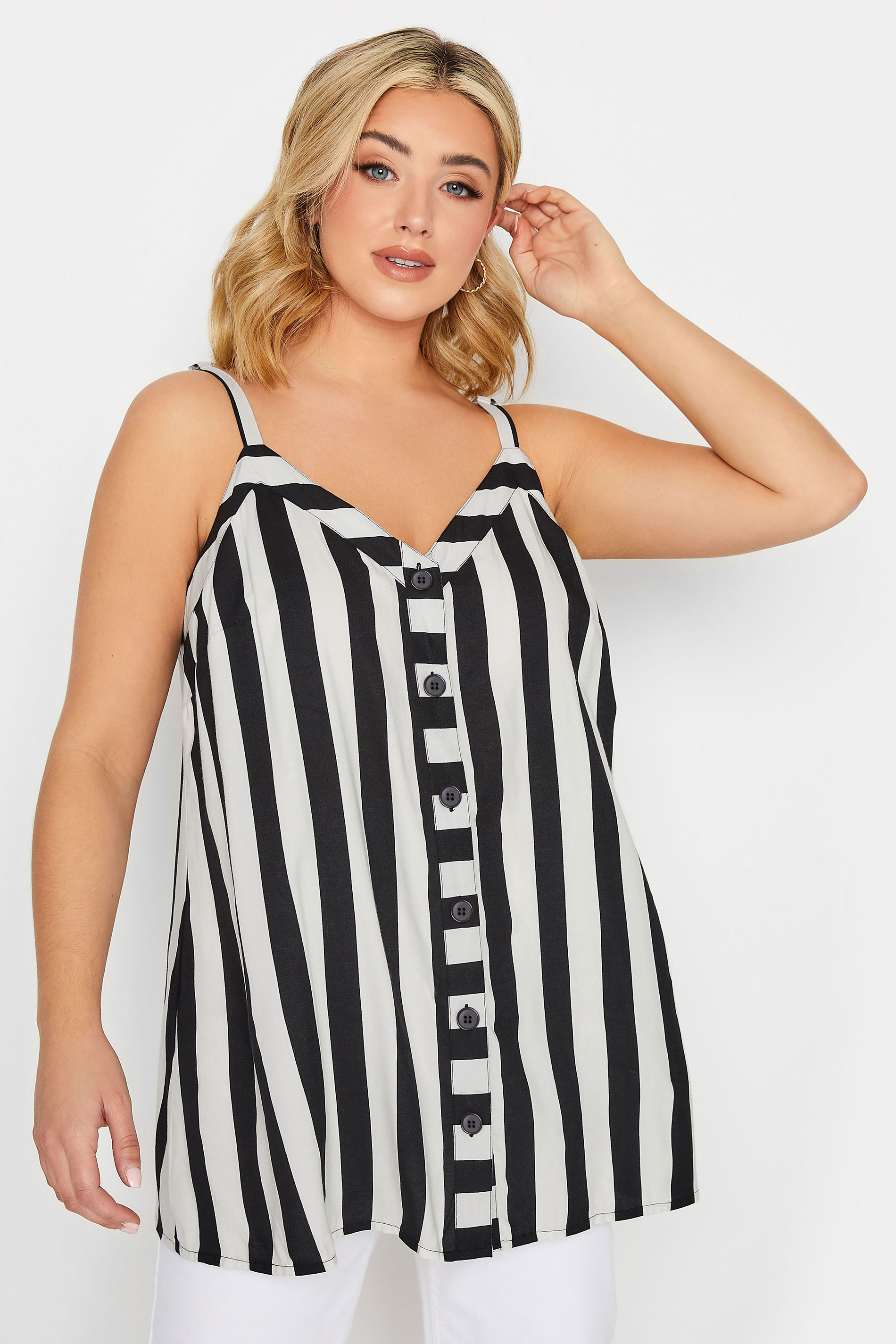 YOURS Curve Plus Size White Stripe Button Through Cami Top | Yours Clothing  1