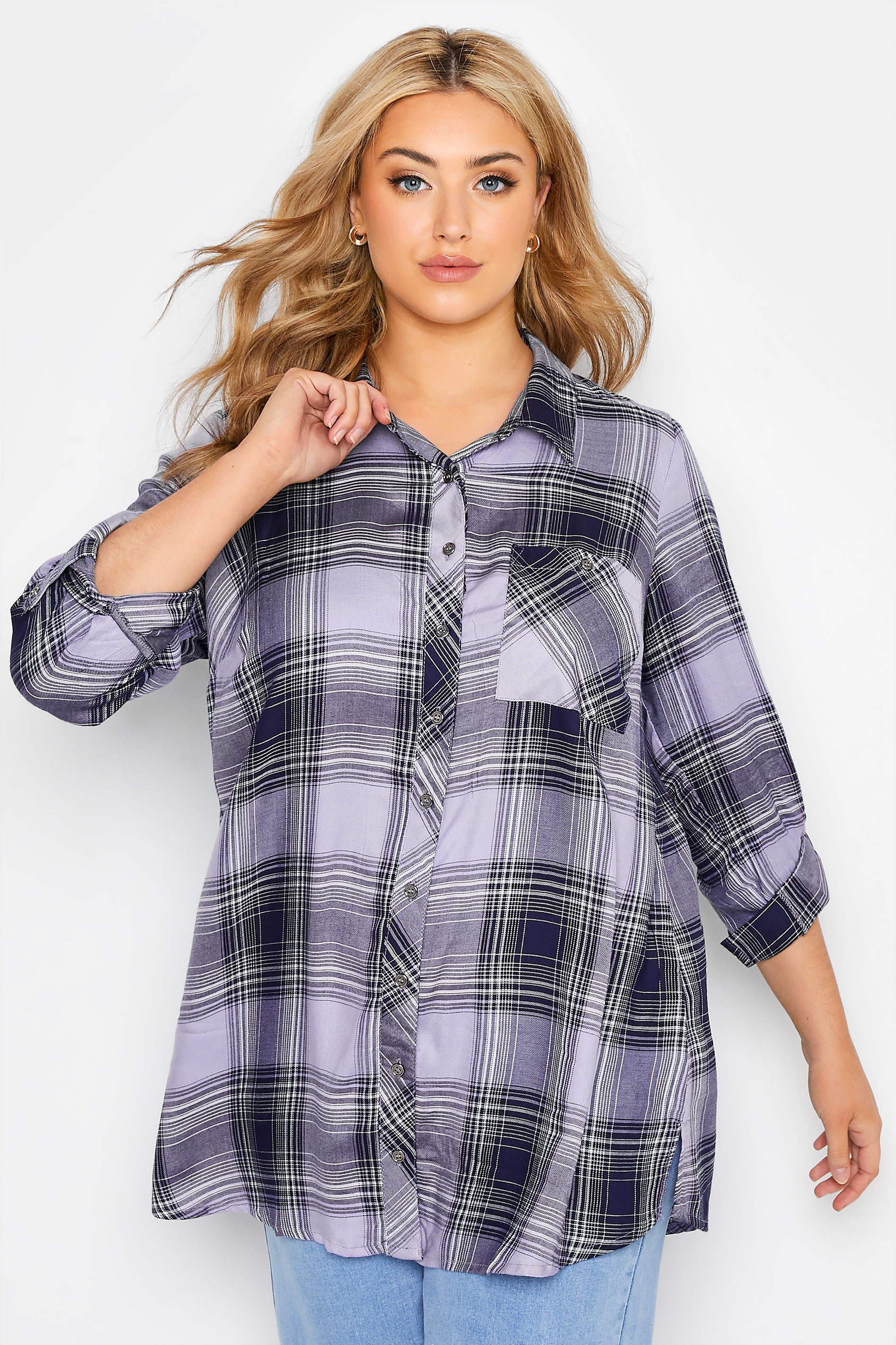 Plus Size Purple Check Boyfriend Shirt | Yours Clothing  1