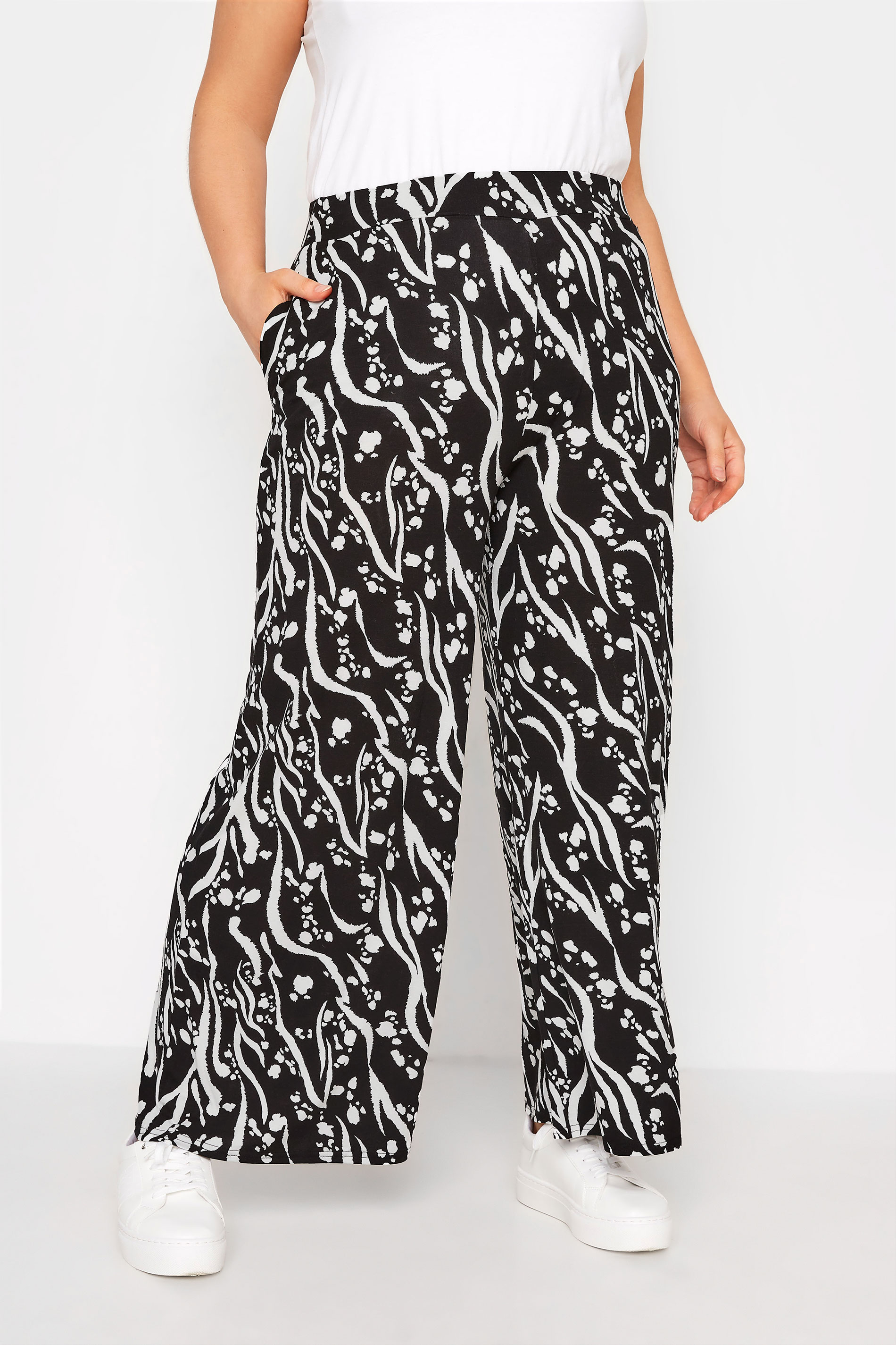 Plus Size Black Mixed Animal Print Wide Leg Trousers | Yours Clothing 1