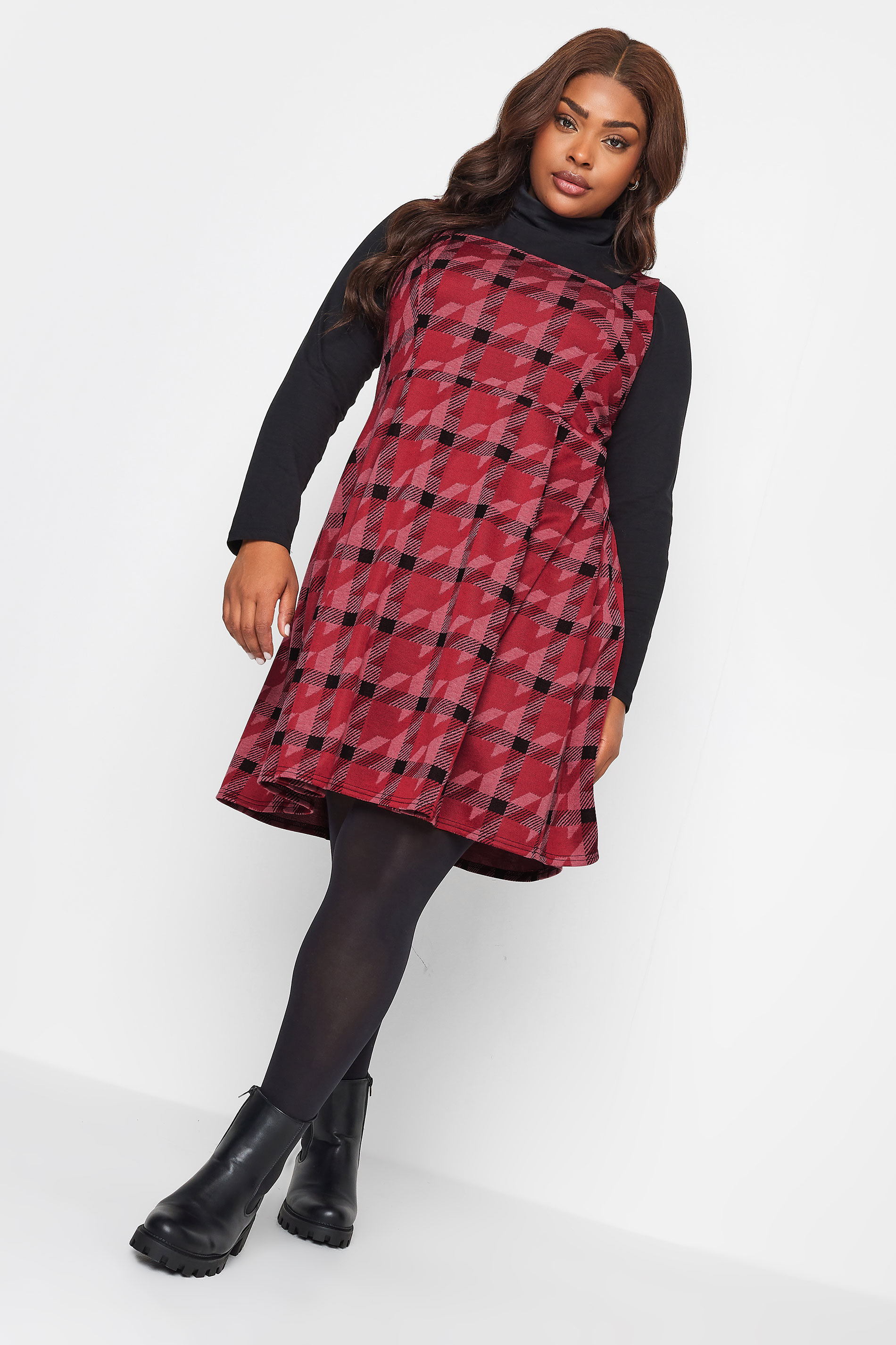LIMITED COLLECTION Plus Size Red Dogtooth Square Neck Pinafore Dress | Yours Clothing 1