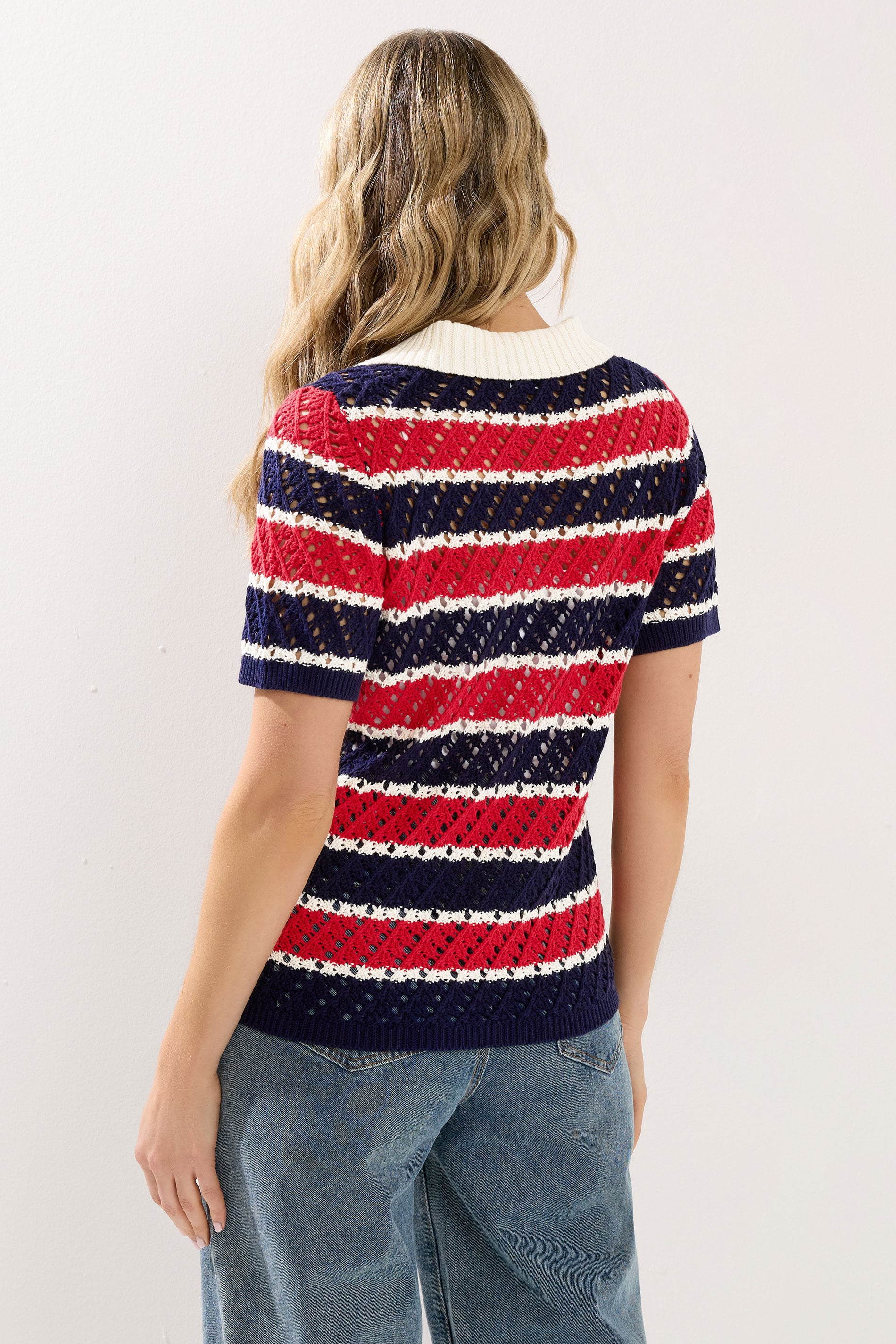 LTS Tall Woman's Blue & Red Crochet Stripe Polo Top | Long Tall Sally 4