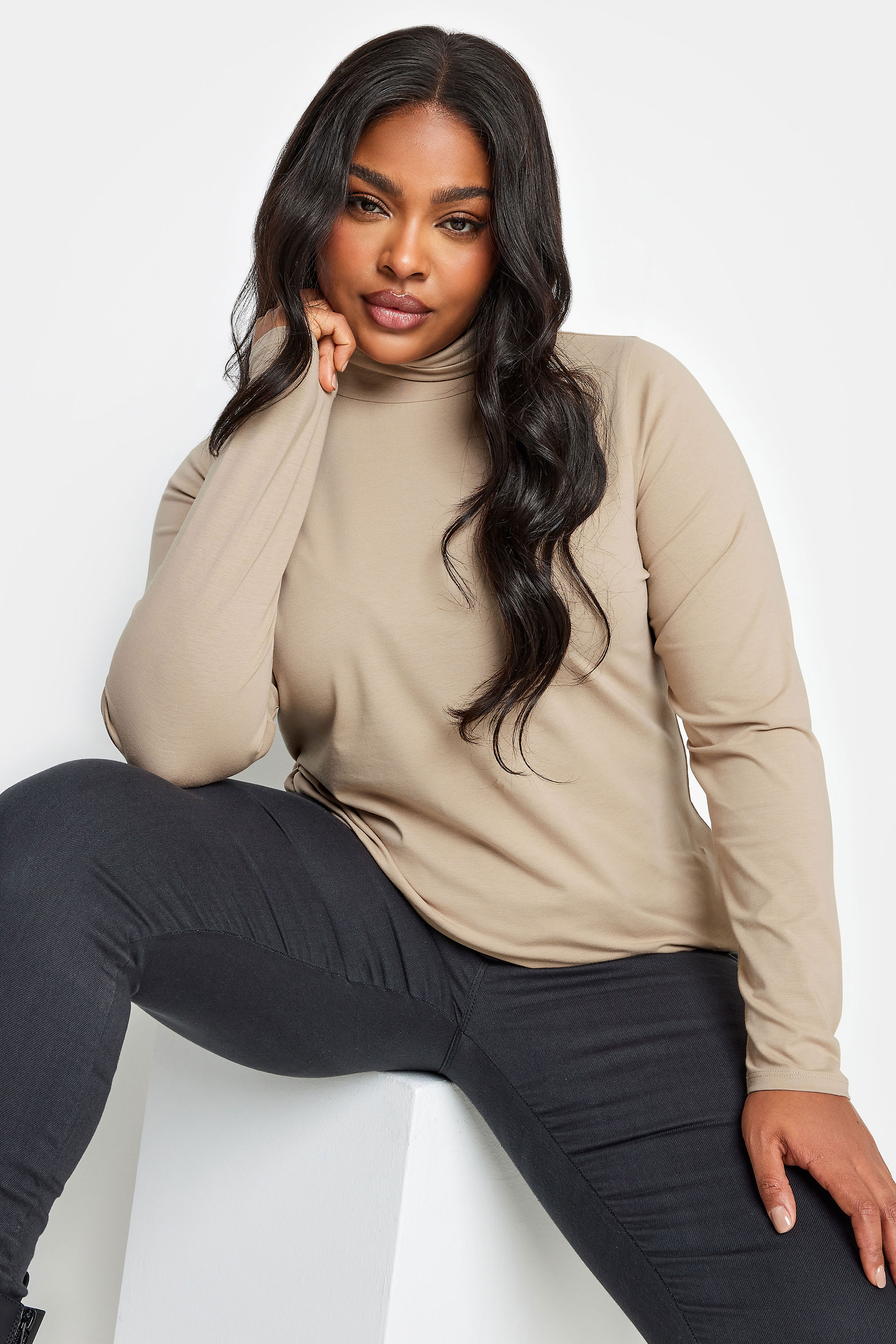 YOURS 2 PACK Plus Size Charcoal Grey & Beige Brown Turtle Neck Tops | Yours Clothing 3
