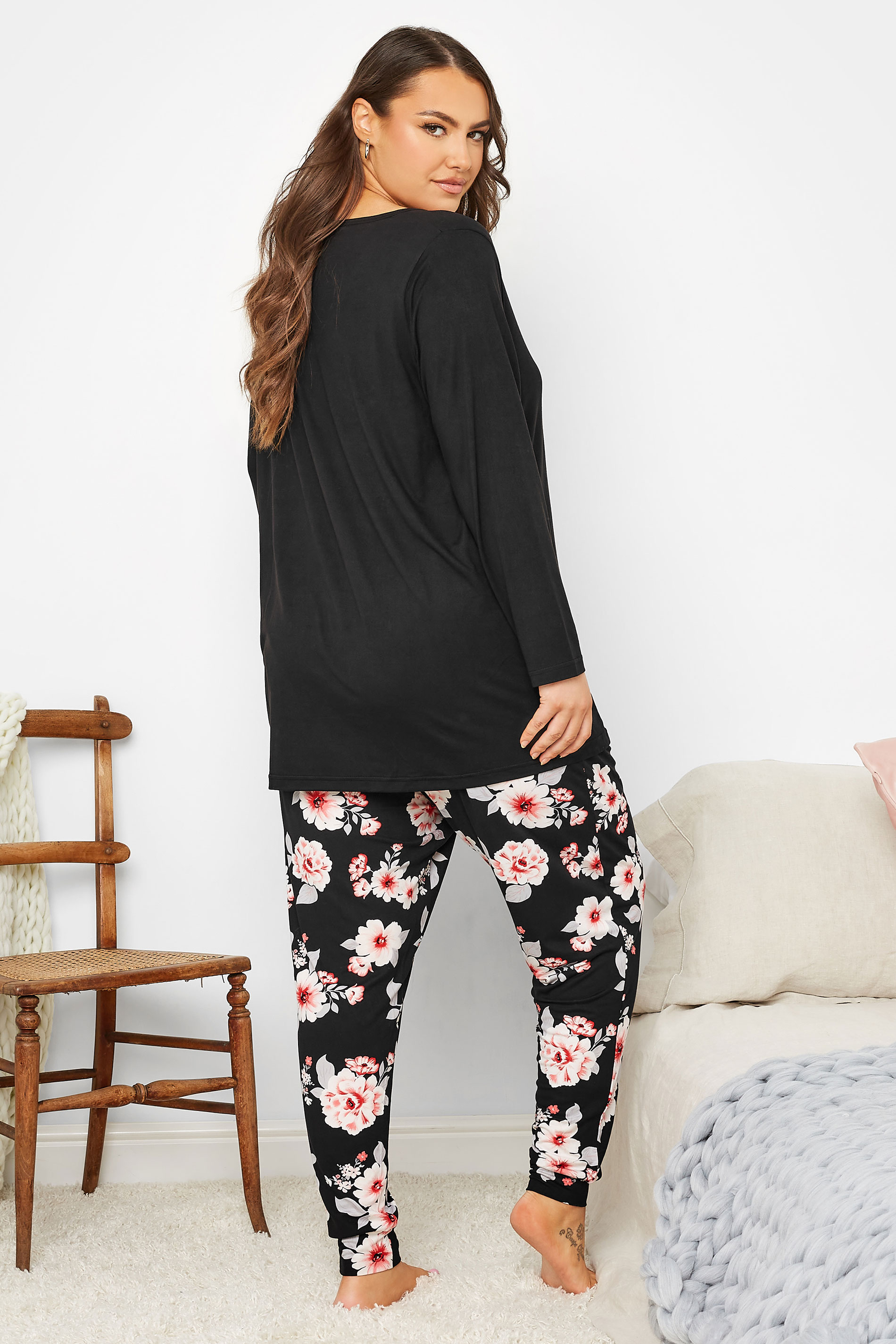 Curve Plus Size Black & Pink Floral Soft Touch Pyjama Set | Yours Clothing 3