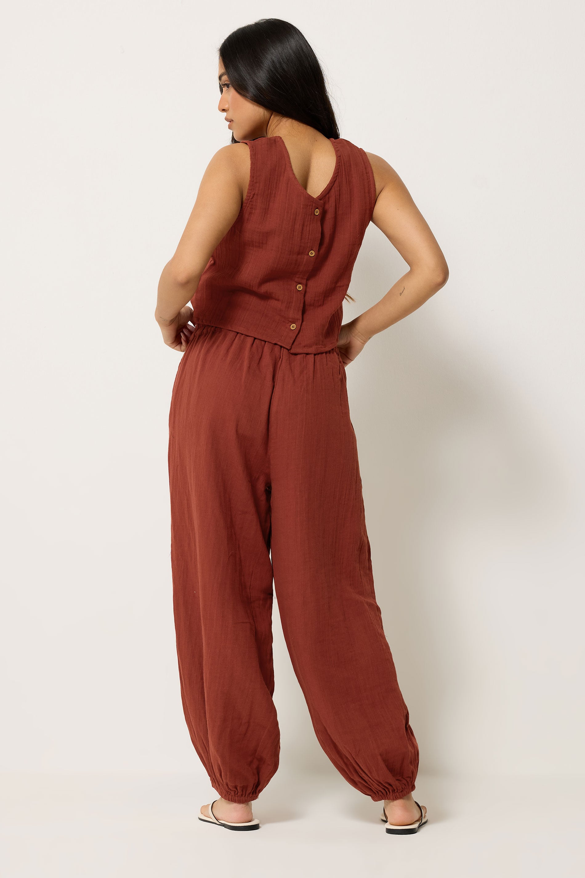 PixieGirl Petite Women's Set Brick Red Cotton Cheesecloth Top & Balloon Trousers | PixieGirl 2