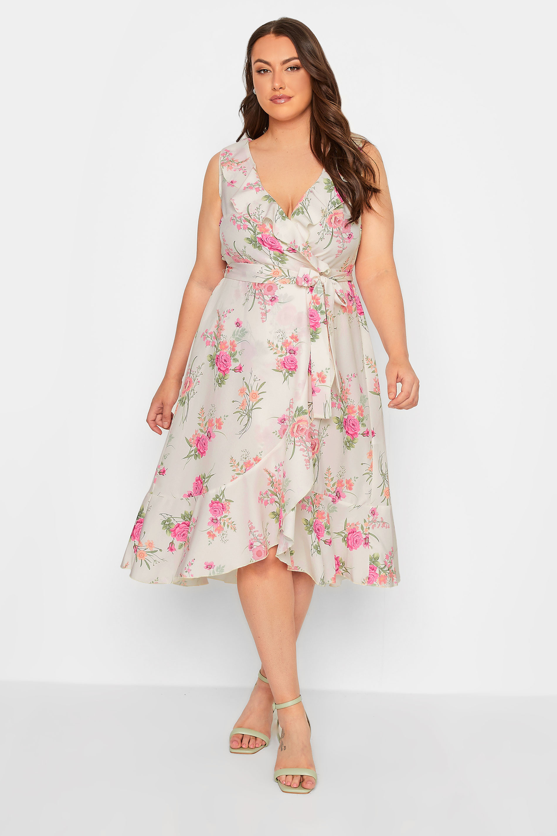 YOURS LONDON Plus Size White Floral Print Double Ruffle Wrap Dress | Yours Clothing 1