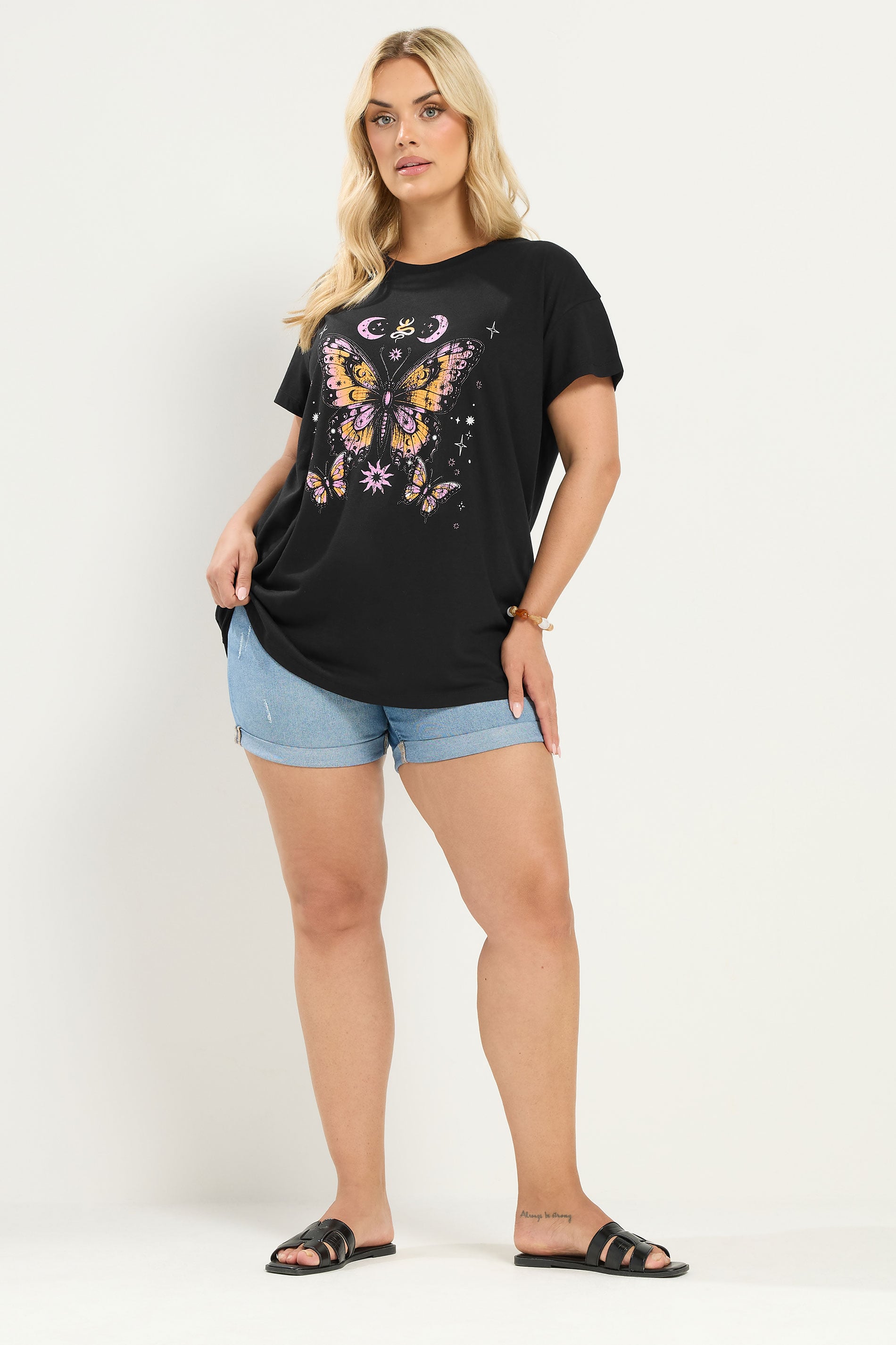 YOURS Plus Size Black Butterfly Print T-Shirt | Yours Clothing  1