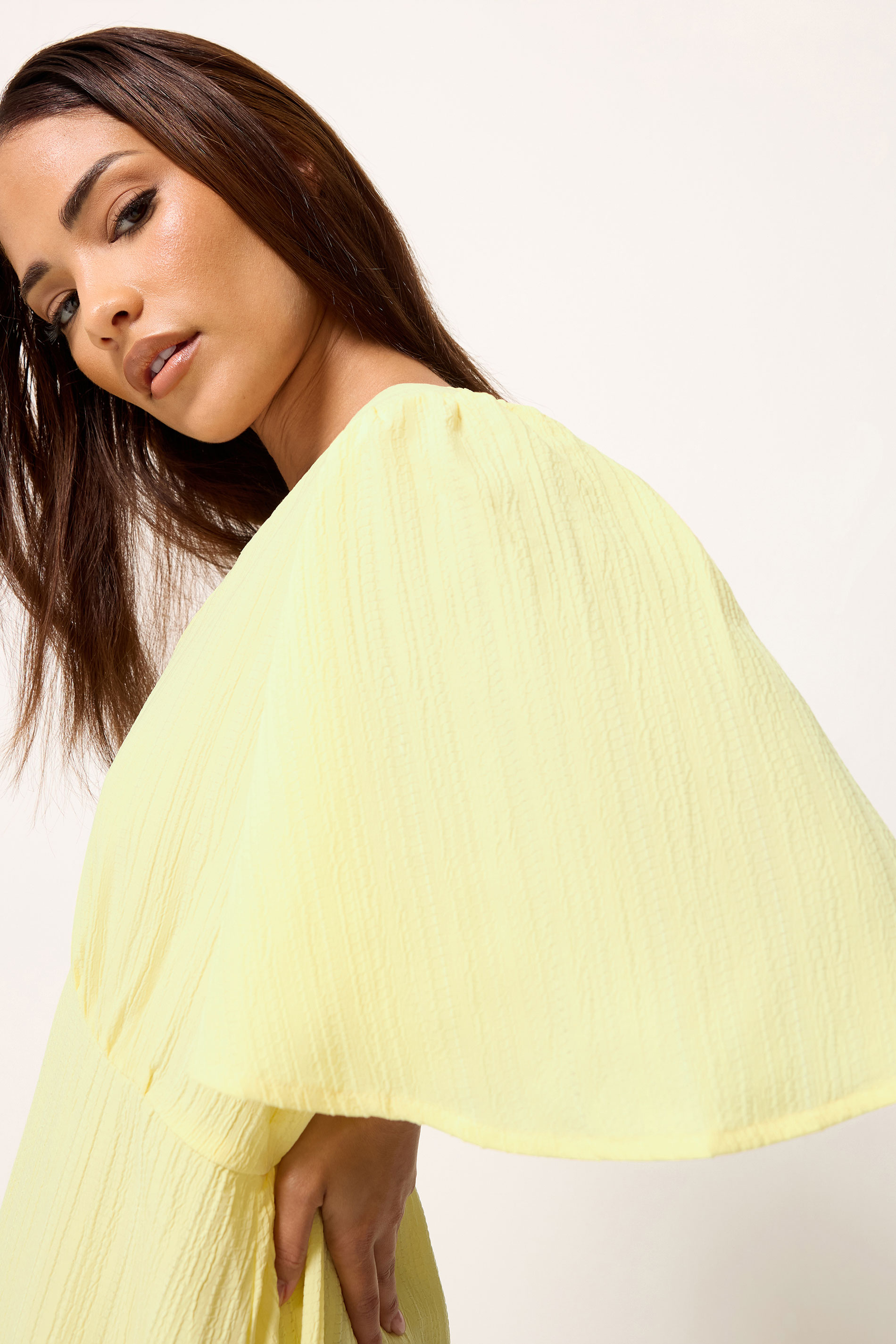 PixieGirl Petite Yellow Asymmetric Tiered Midi Dress | PixieGirl 4