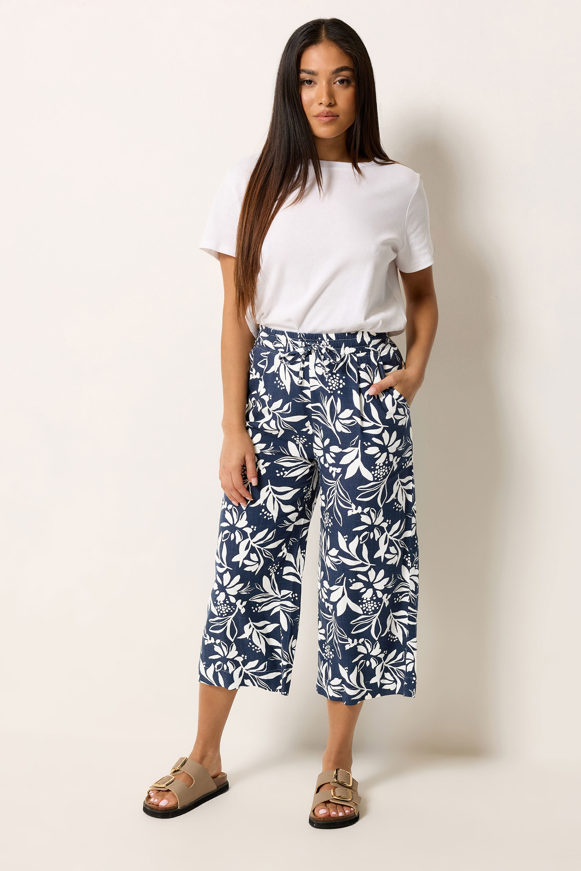 M&Co Petite Navy Blue Floral Linen Culottes | M&Co 2