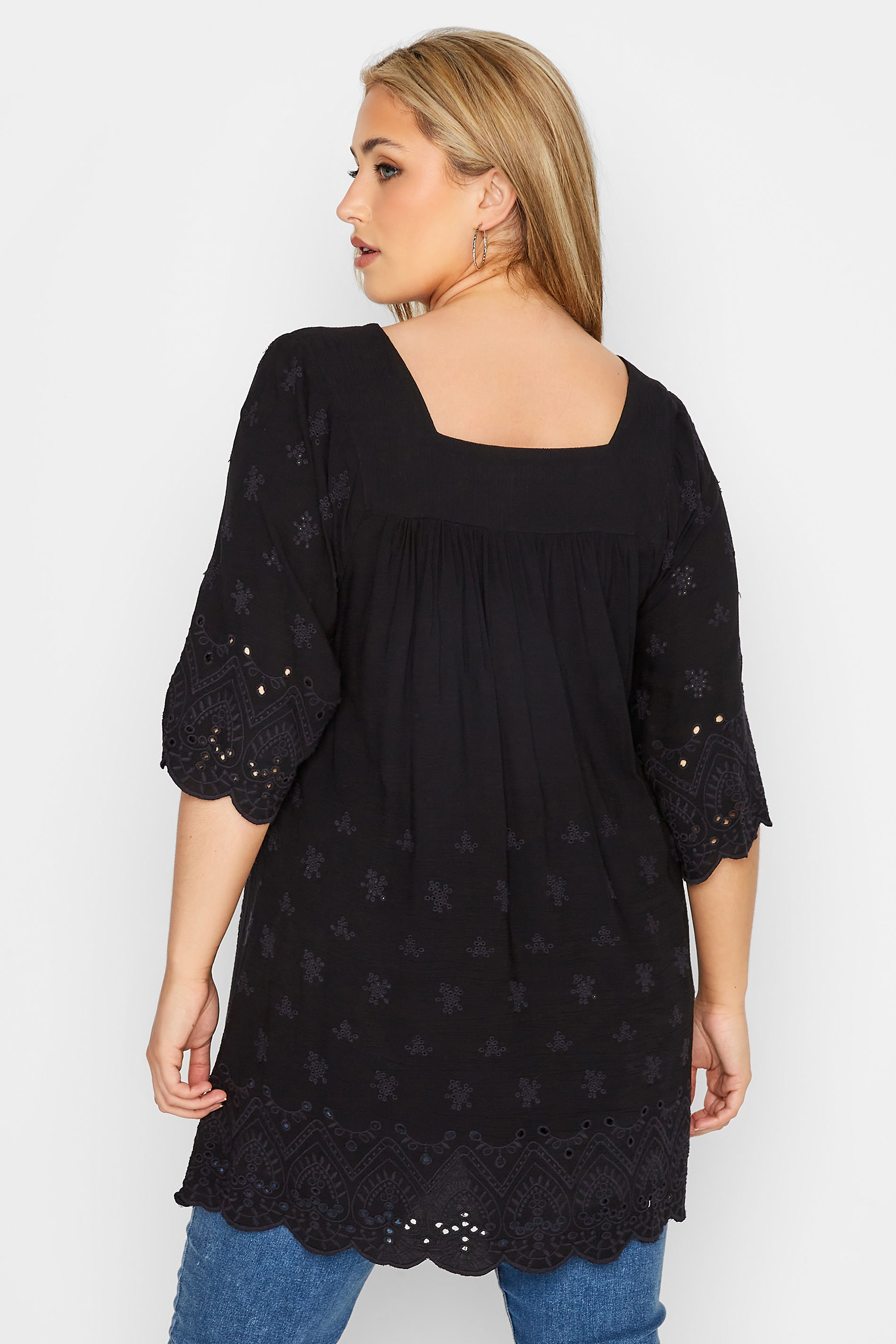 Grande taille  Tops Grande taille  Tops Casual | Top Noir Ample Broderie Anglaise Volanté - XQ19631
