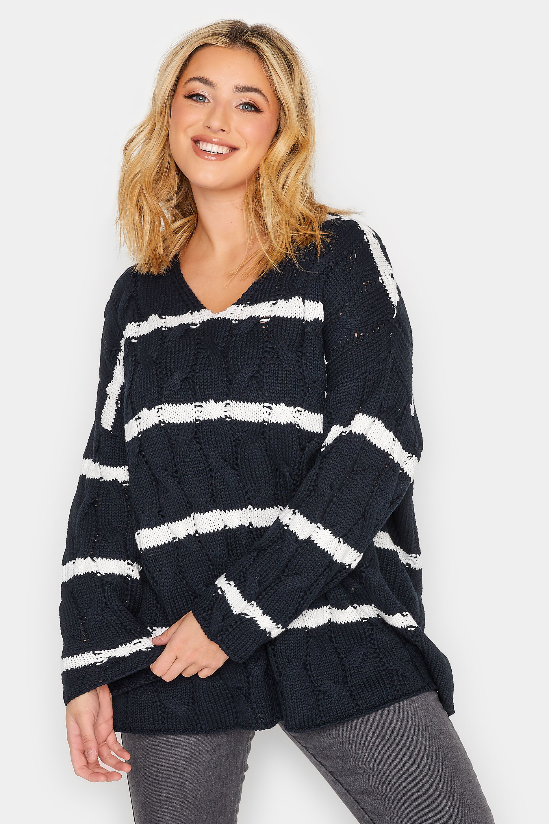 YOURS Plus Size Navy Blue Stripe V-Neck Cable Knit Jumper | Yours Clothing 1