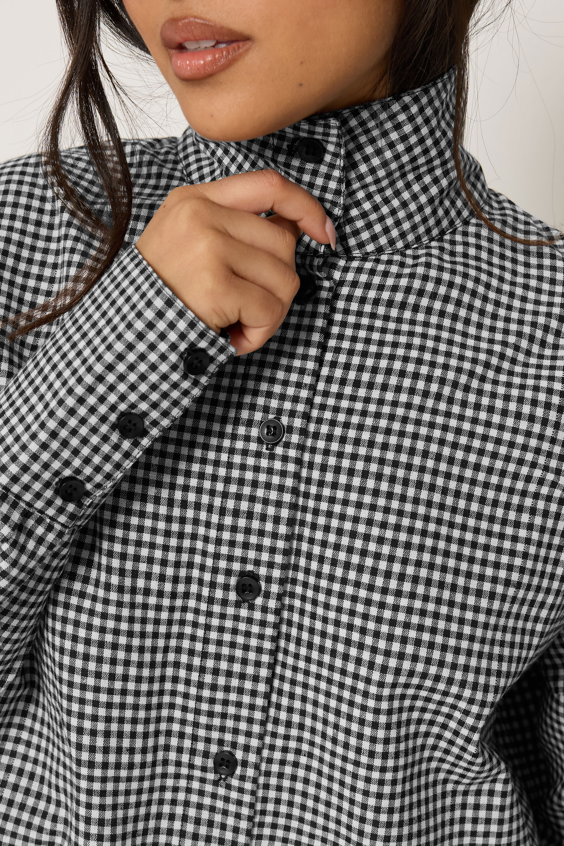 PixieGirl Petite Women's Black Gingham Funnel Neck Shirt| PixieGirl 4