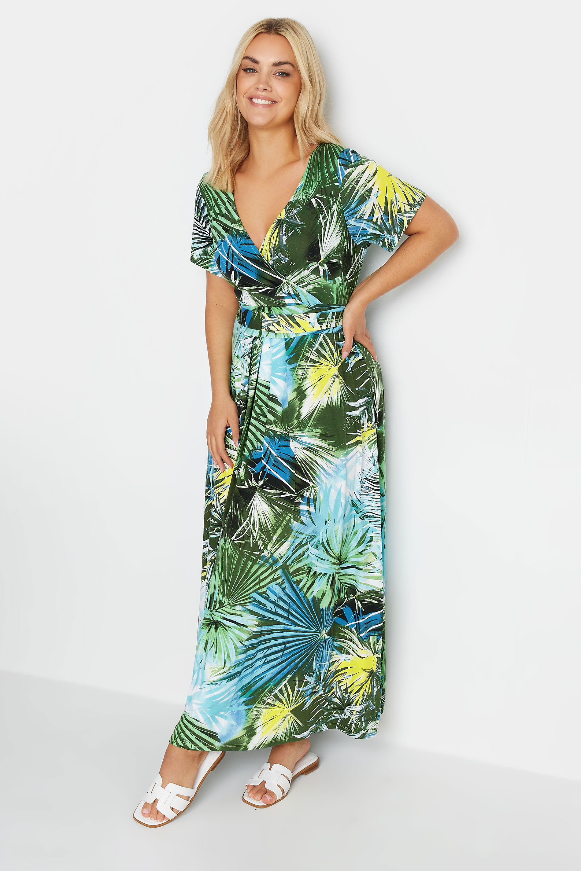 YOURS Plus Size Green Leaf Print Tiered Wrap Dress | Yours Clothing 2