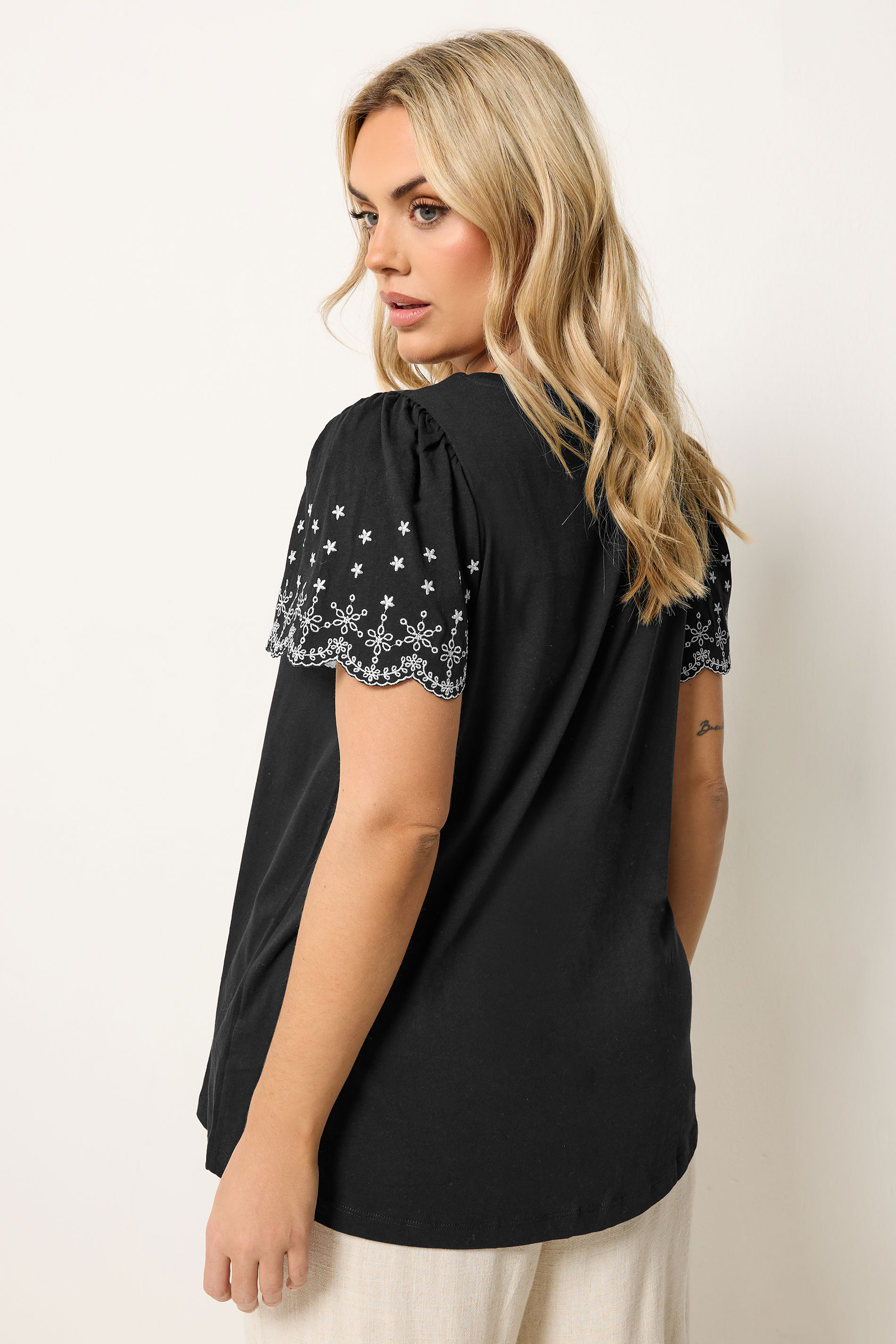 YOURS Plus Size Black Embroidered Sleeve T-Shirt | Yours Clothing 2