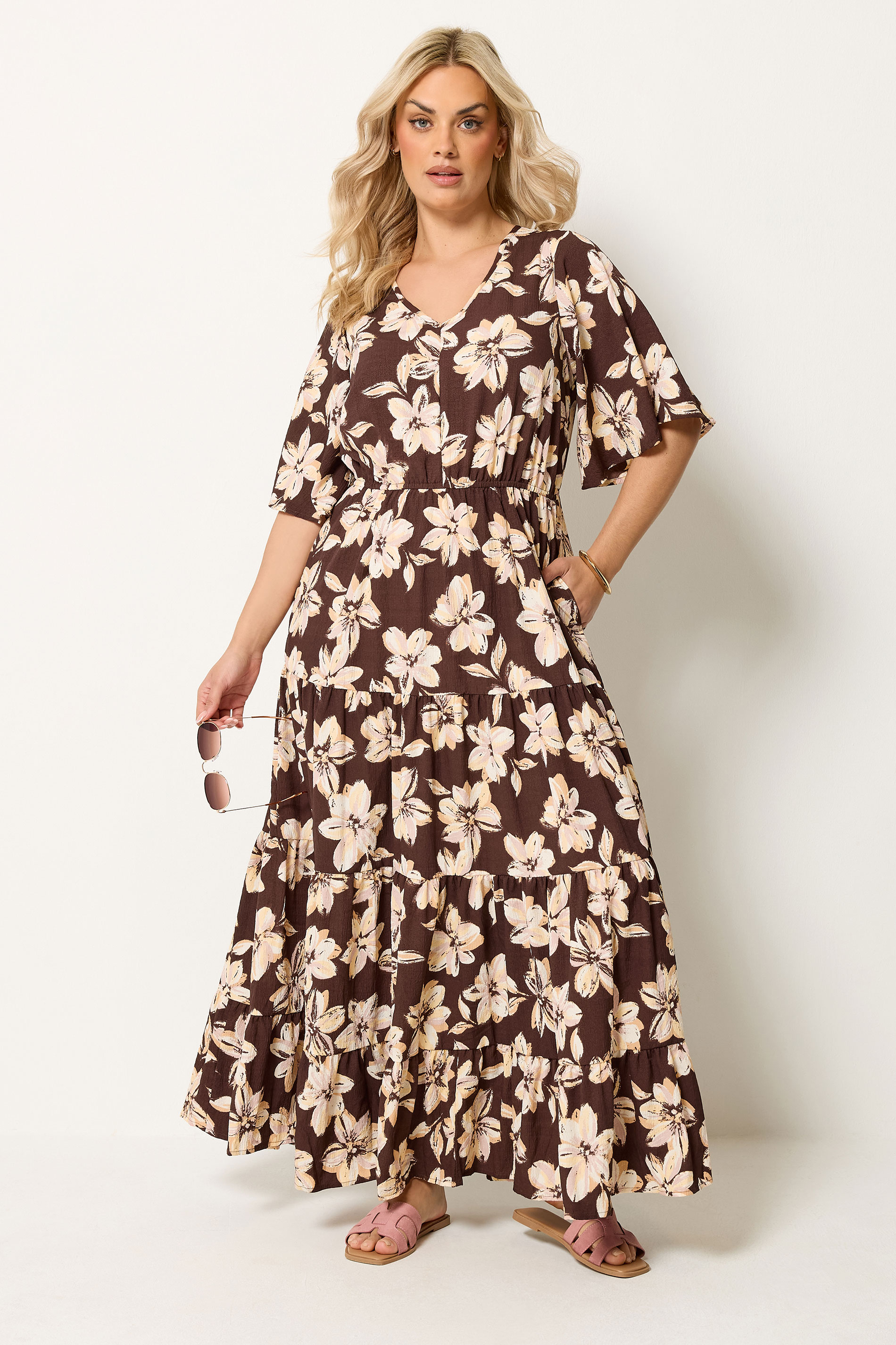 YOURS Curve Brown Floral Tiered Maxi Dress | Yours Clothing 3