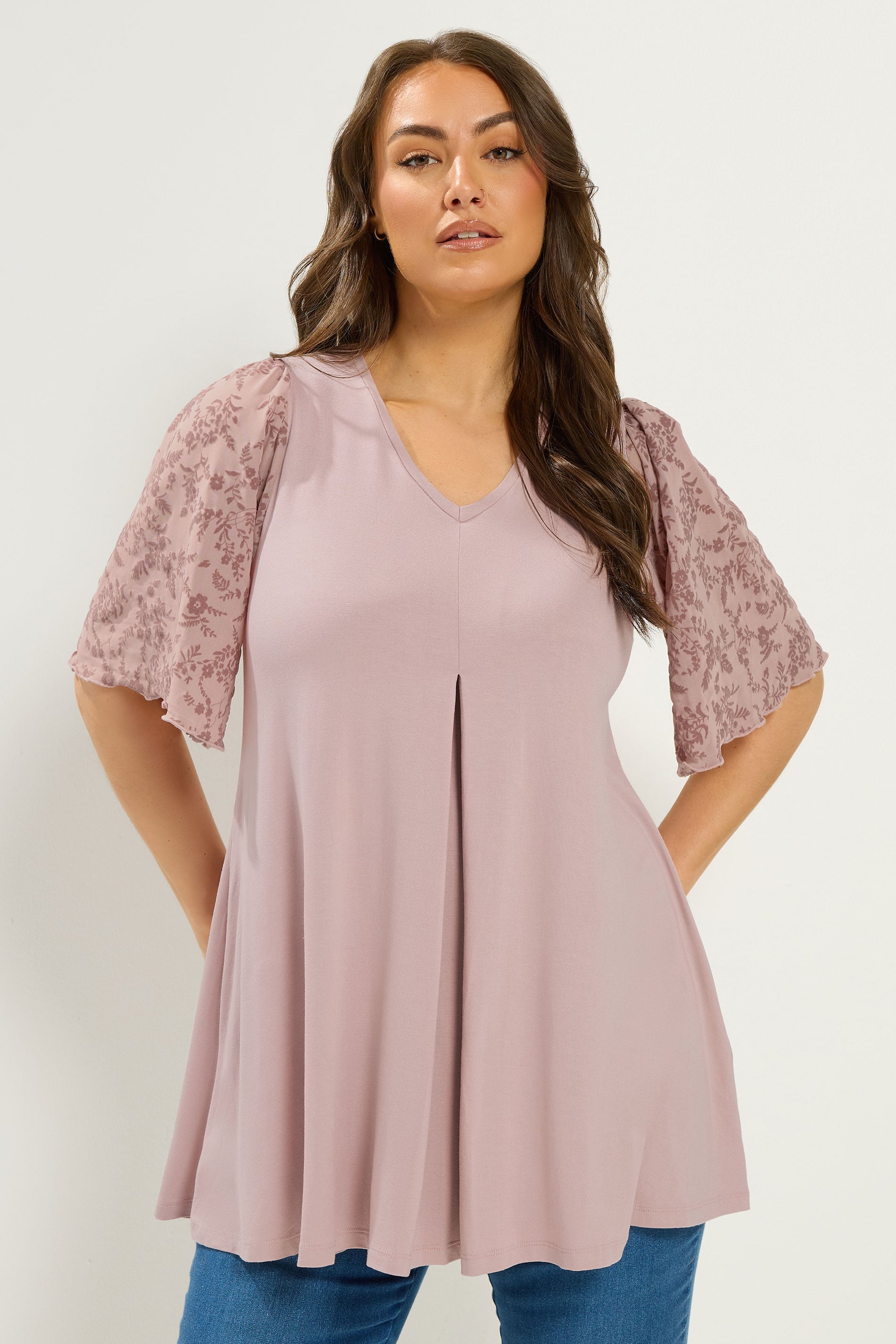 YOURS Plus Size Pink Pleat Front Floral Sleeve Top | Yours Clothing 3