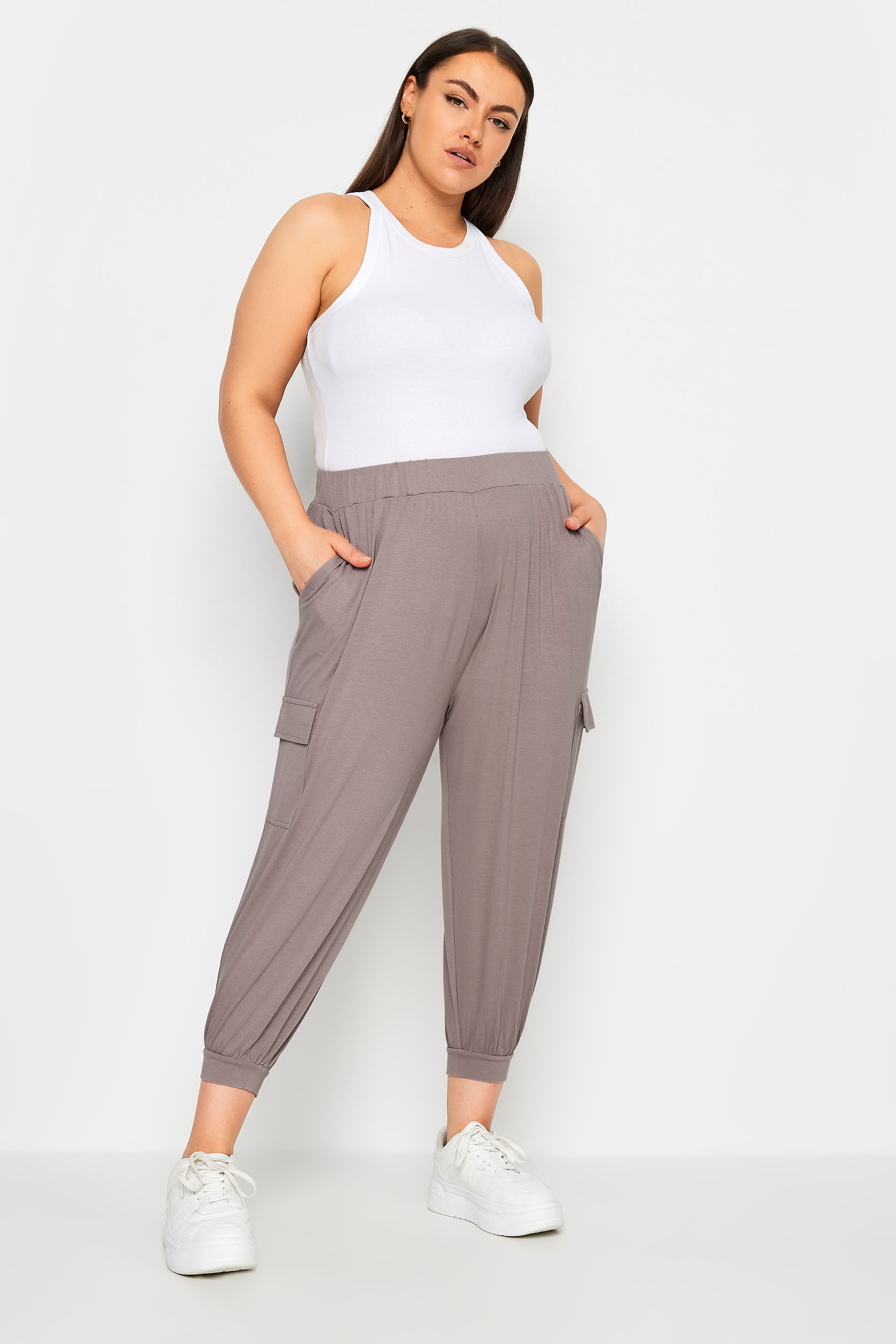 YOURS Plus Size Stone Brown Cropped Cargo Harem Trousers | Yours Clothing 2