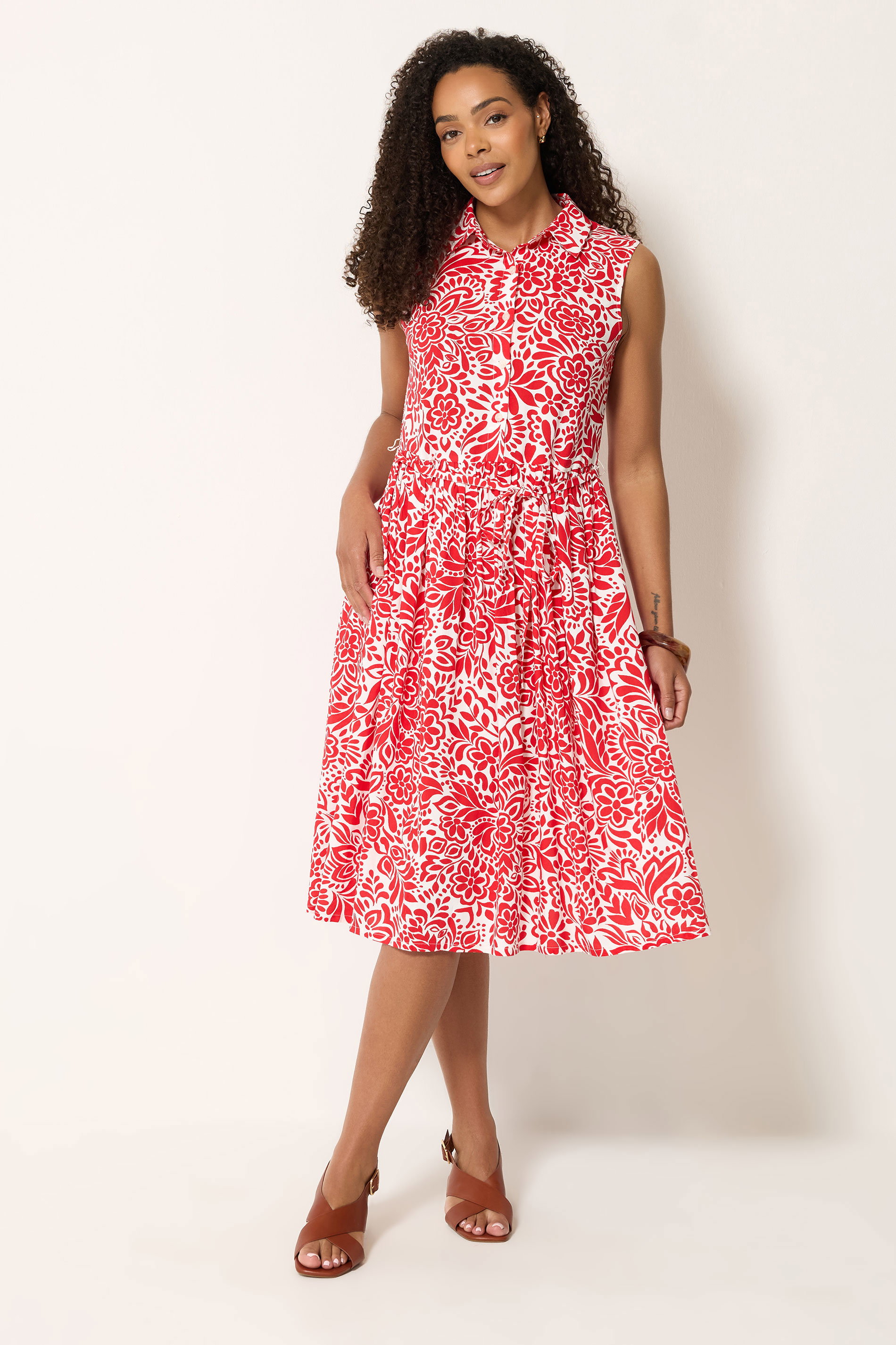 M&Co Red and White Abstract Printed Sleeveless Shirt Dress | M&Co 2