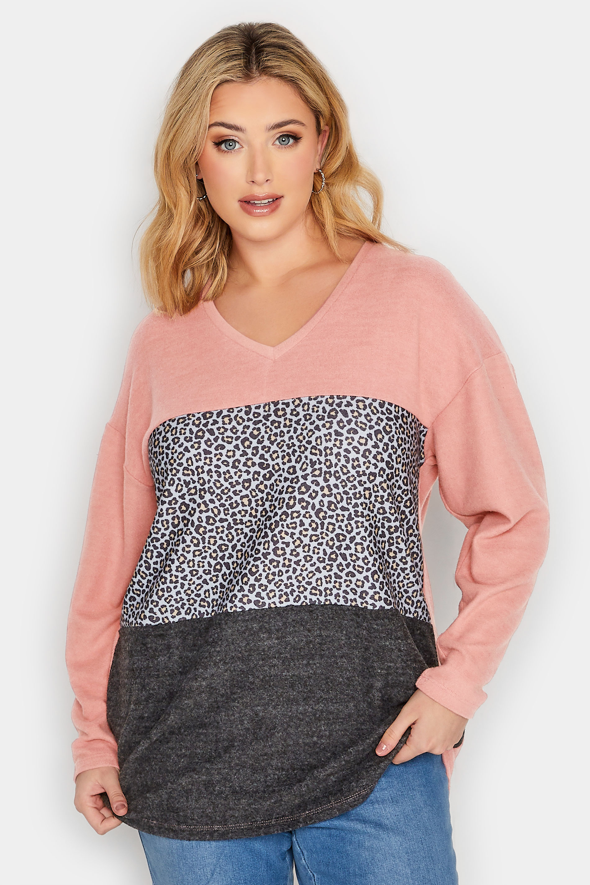 Curve Pink & Grey Leopard Print Colour Block Knit Soft Touch Top | Yours Clothing 1