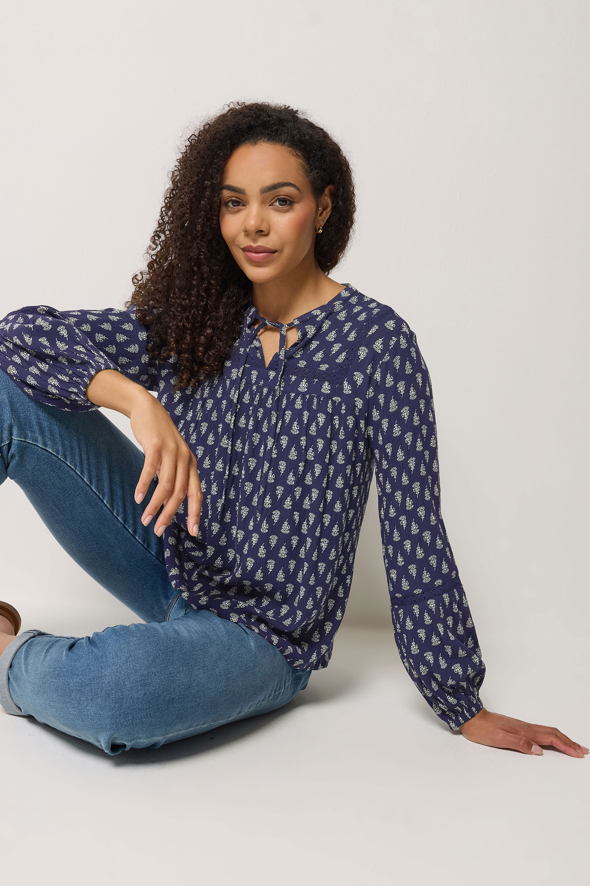 M&Co Navy Blue Aztec Tie Neck Blouse | M&Co 5