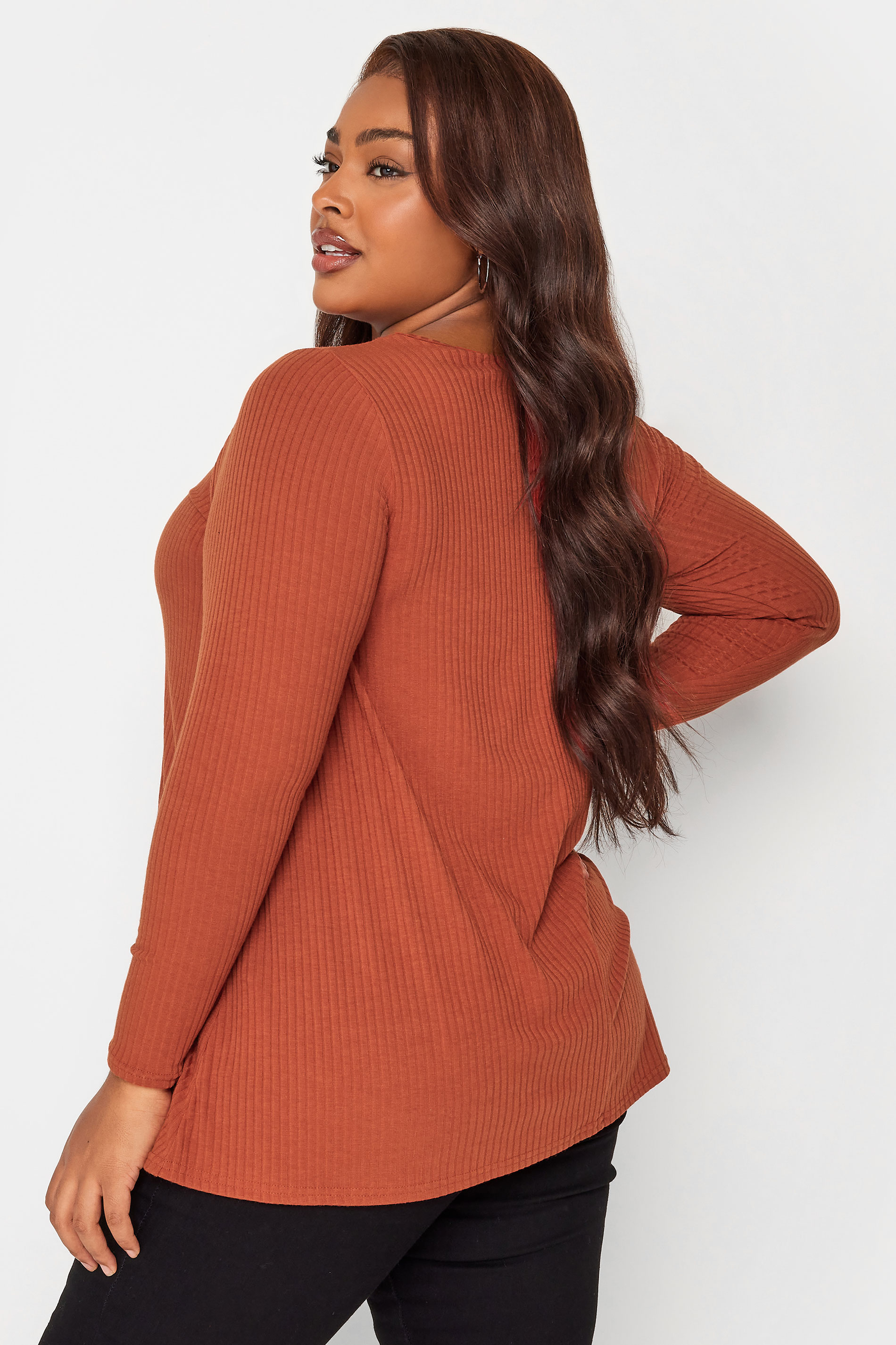 YOURS Plus Size Rust Orange Ribbed Long Sleeve Swing Top | Yours Clothing 3