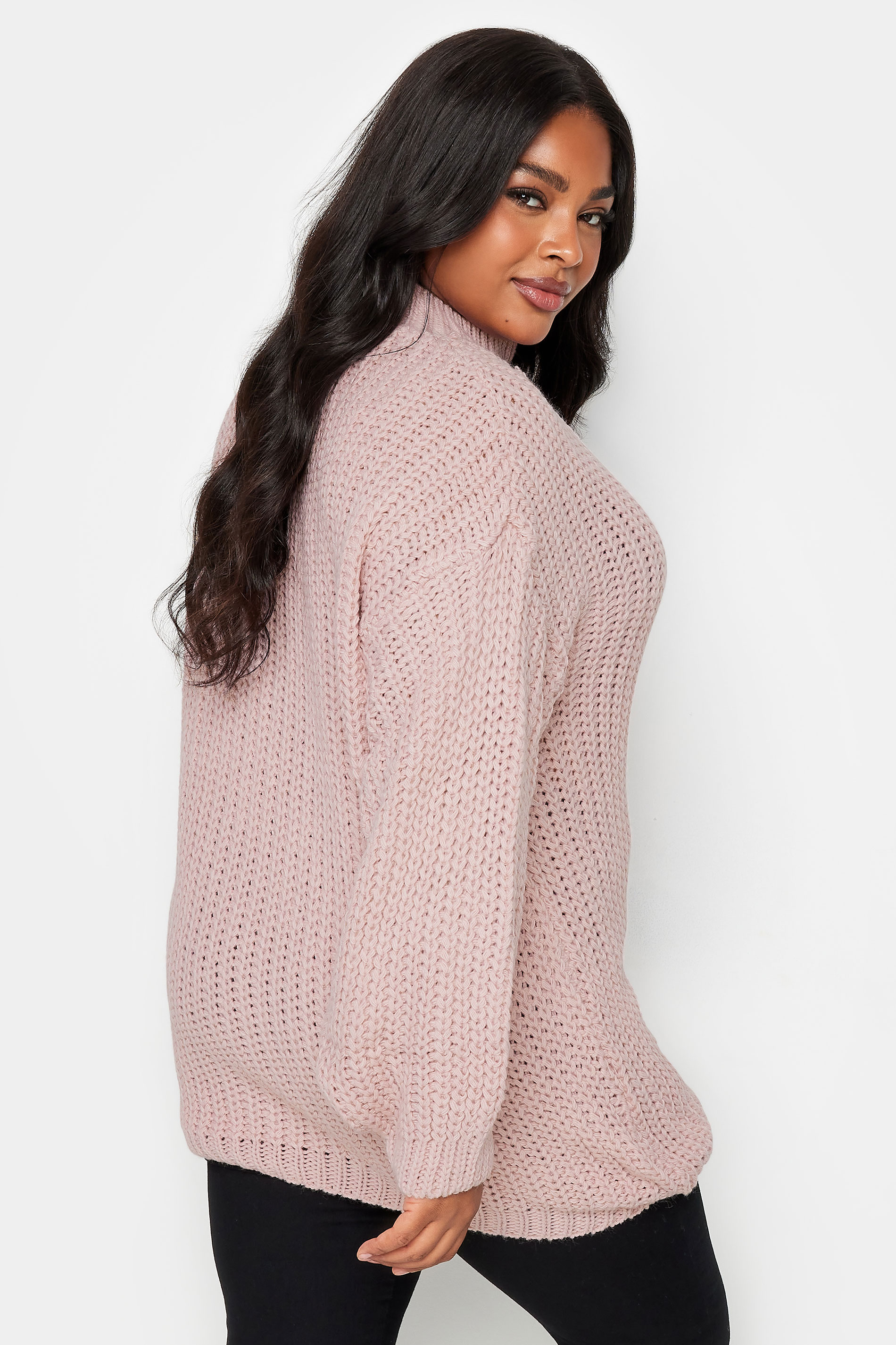 YOURS Curve Pink Funnel Neck Oversized Knitted Jumper | Yours Clothing 3