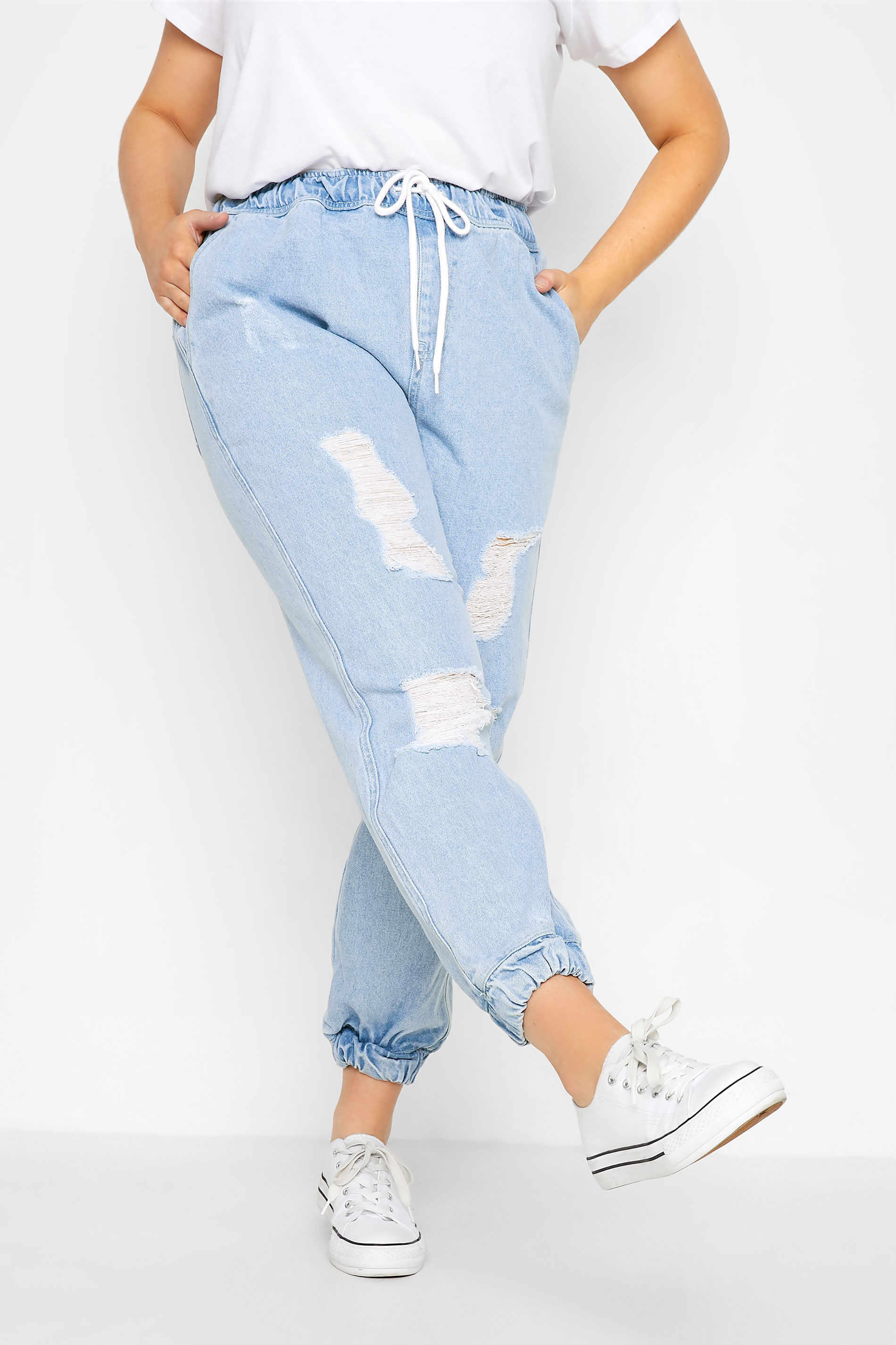 Curve Bleach Blue Ripped Jogger Jeans 1