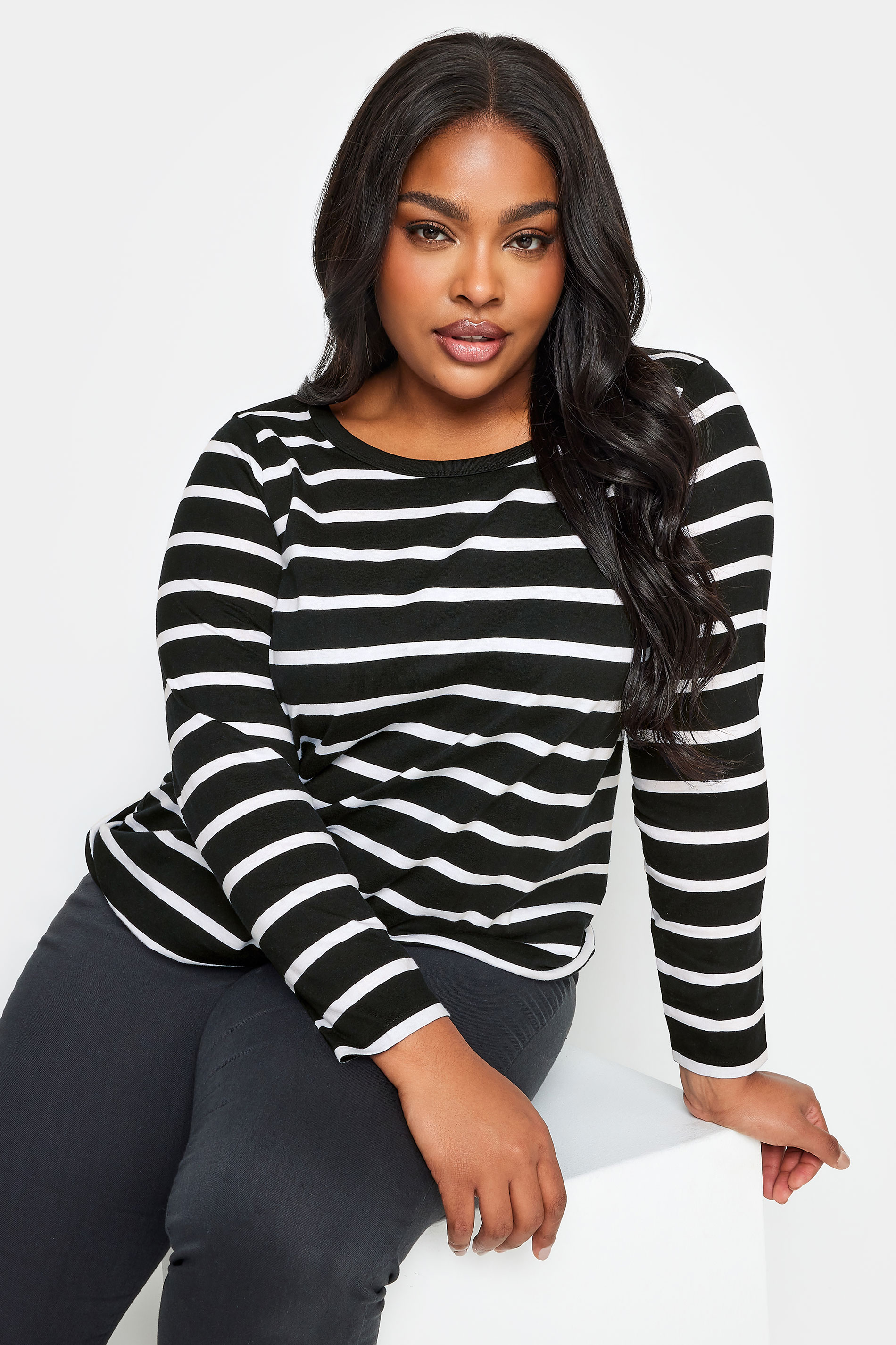 YOURS Curve Black Stripe Long Sleeve Top | Yours Clothing 1