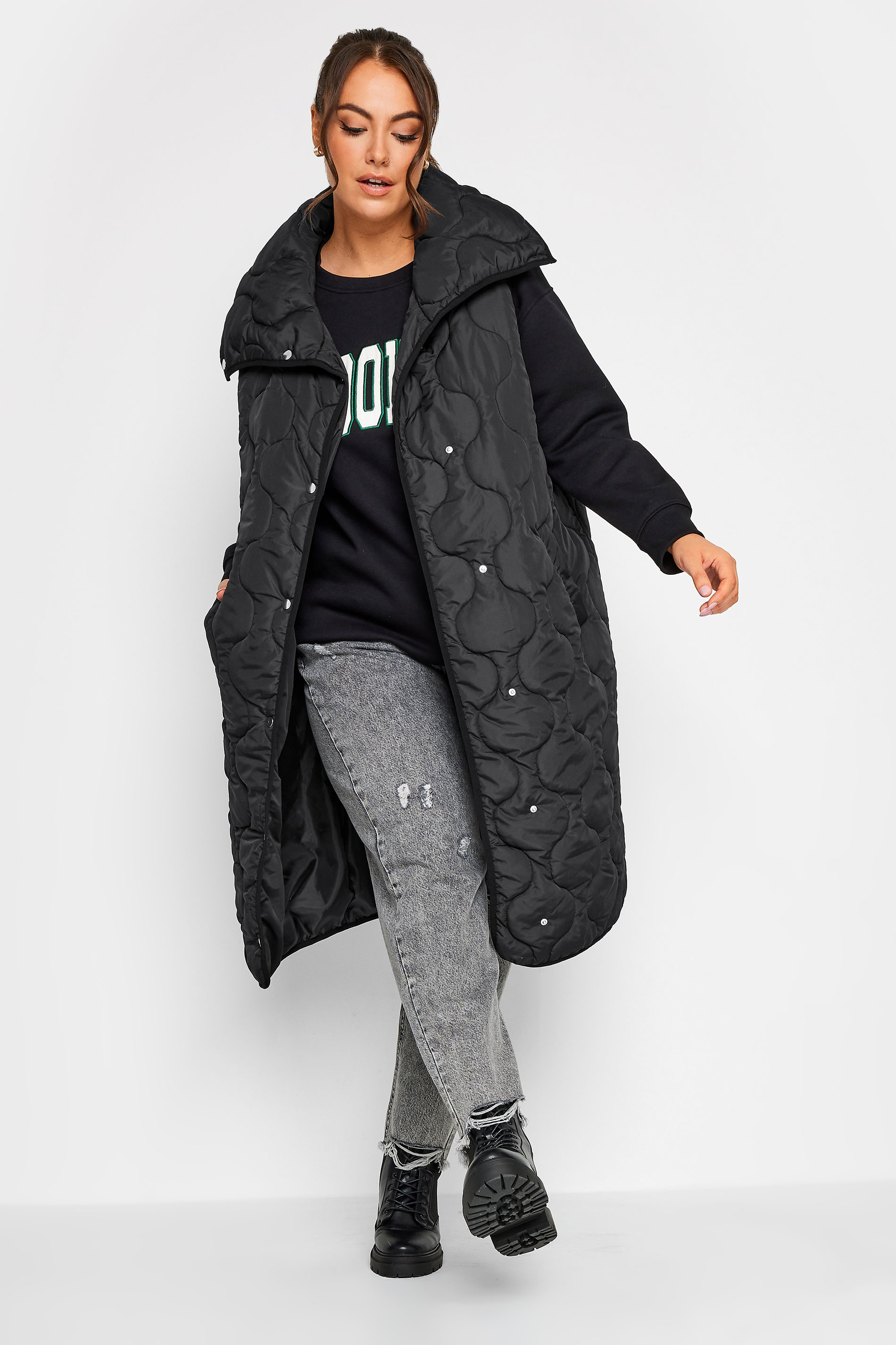 YOURS Plus Size Black Funnel Neck Quilted Longline Gilet | Yours Clothing 2