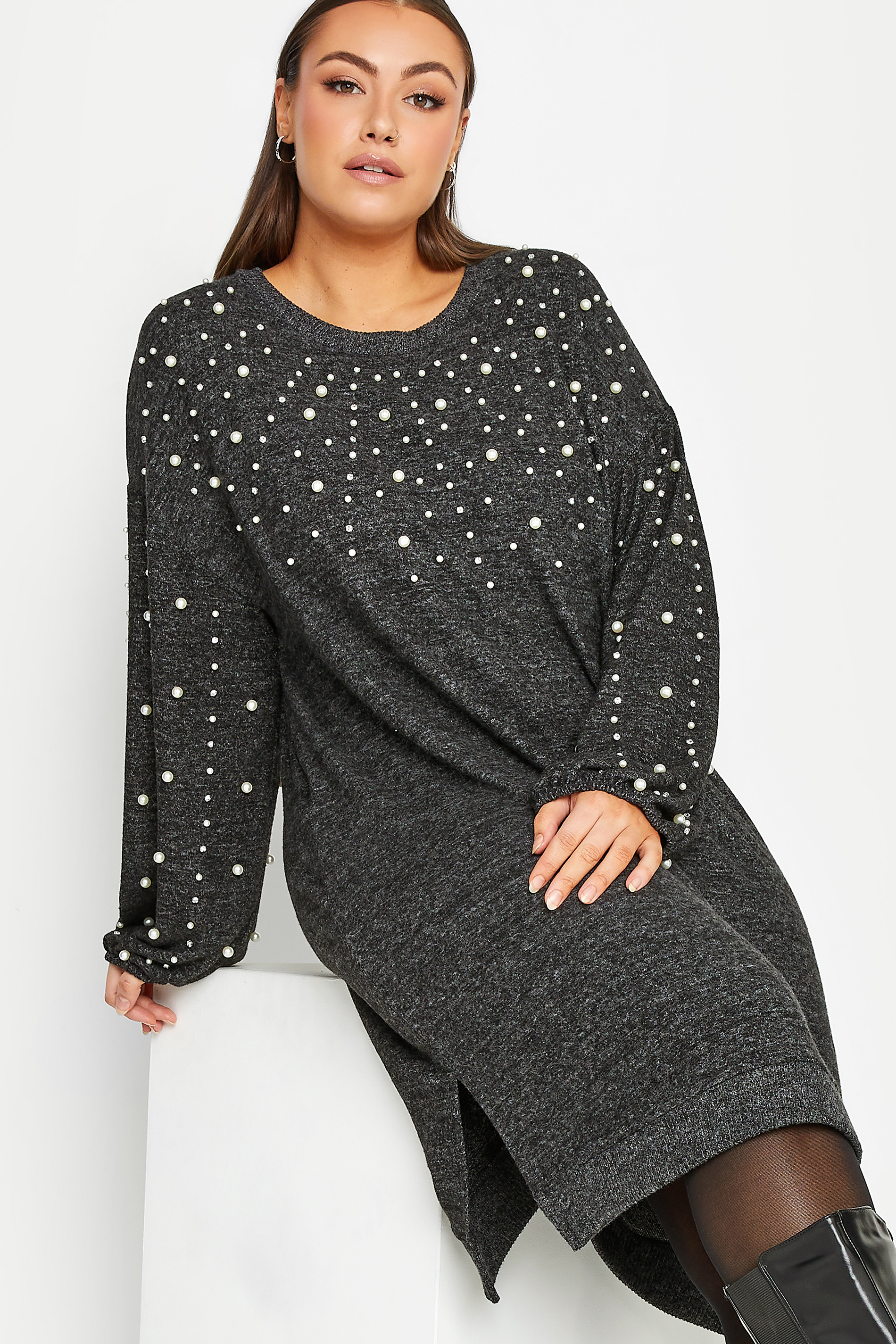 YOURS LUXURY Plus Size Charcoal Grey Soft Touch Embellished Jumper Dress | Yours Clothing 1