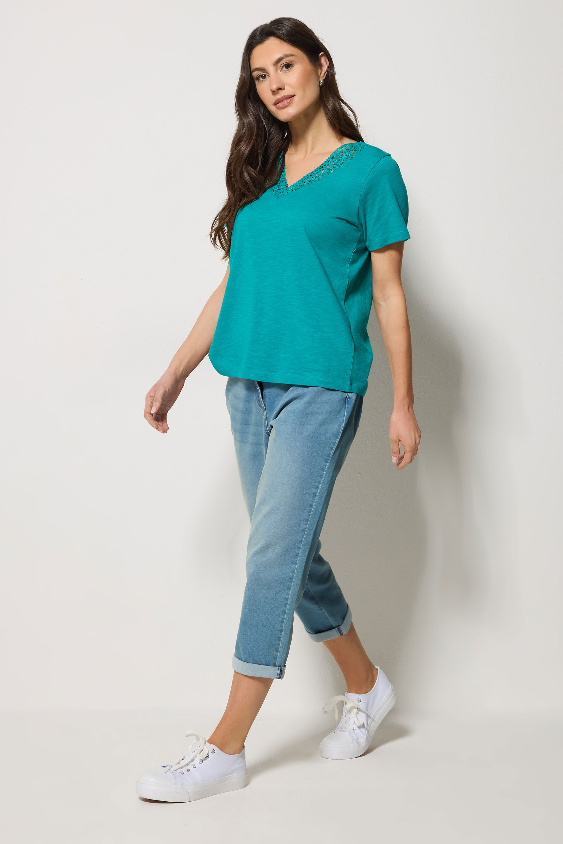 M&Co Teal Blue Lace Trim V-Neck Cotton T-Shirt | M&Co 1